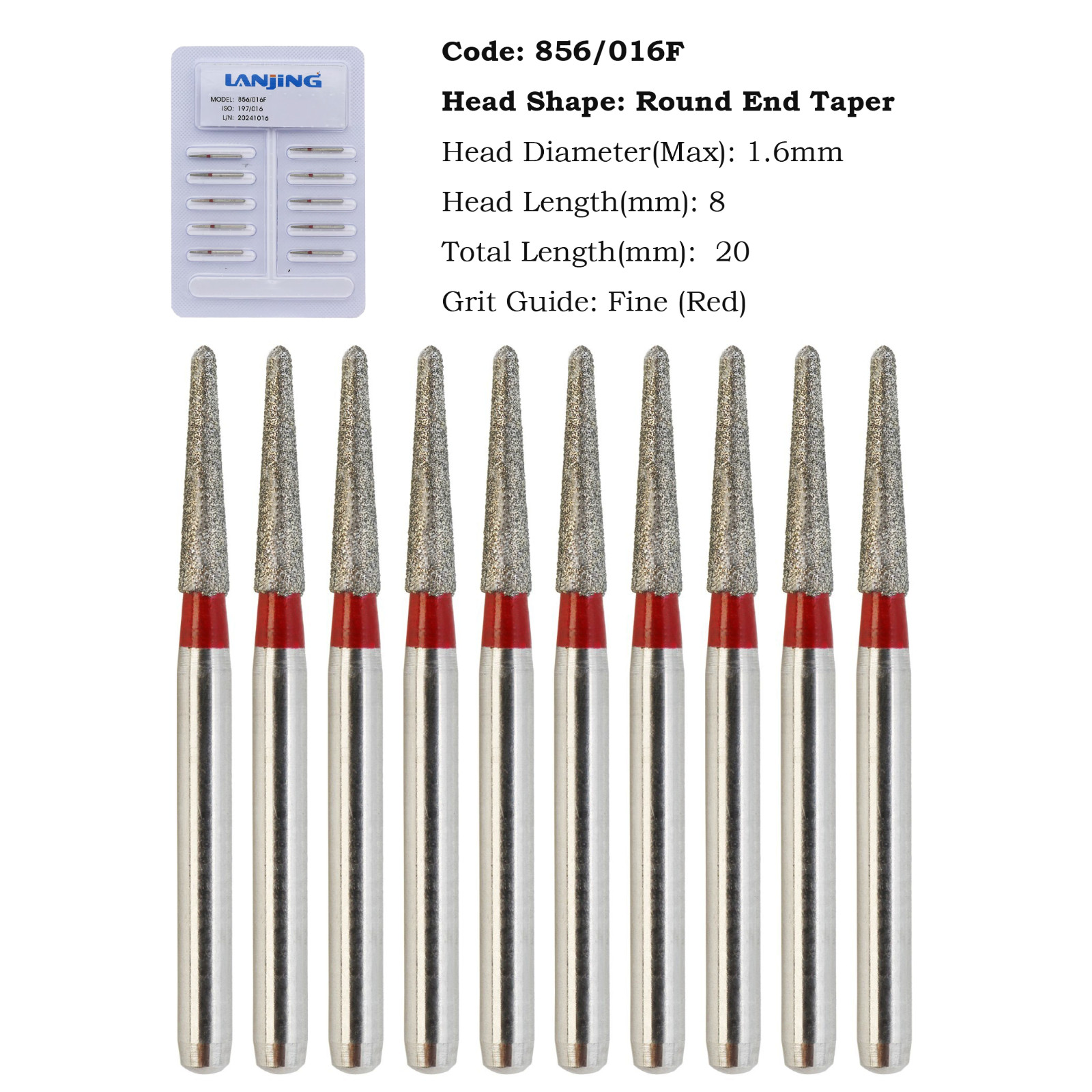 Multi-use Dental Diamond Burs 856/016F FG Round End Taper Bur Fine Grit Red