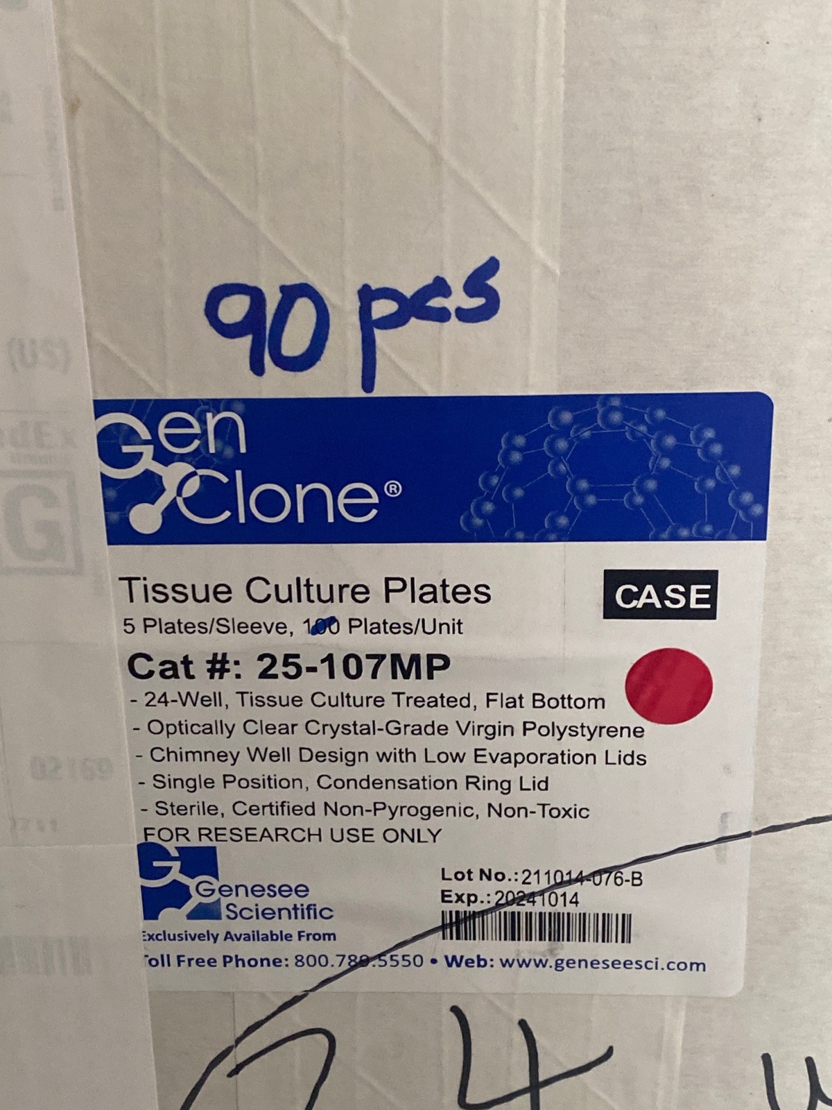 (90) GENESEE GenClone 24-Well Optically Clear PS TC Treated Plates 25-107MP