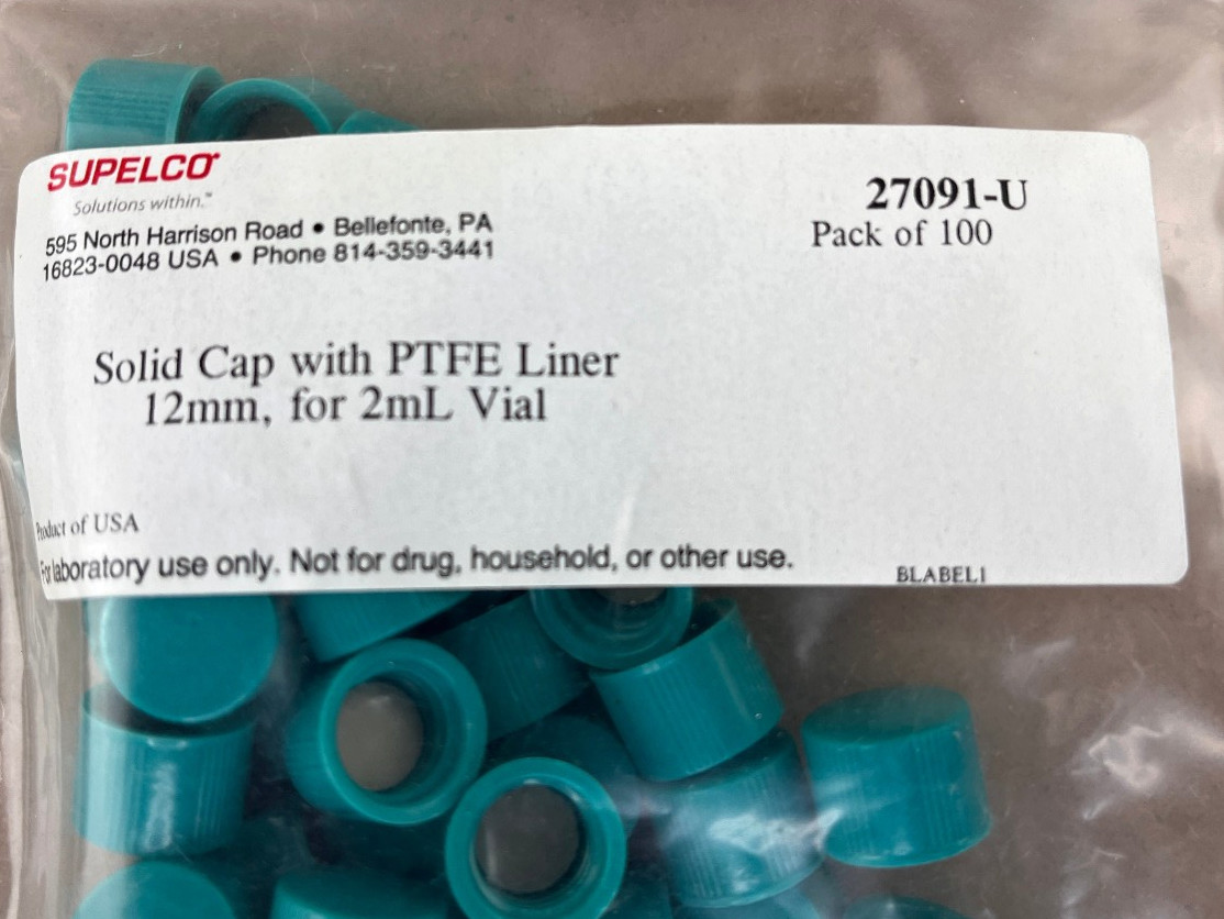 Supelco Solid Cap with PTFE liner 12mm for 2mL vial. (Bag of 100) NEW NIB 2701-U