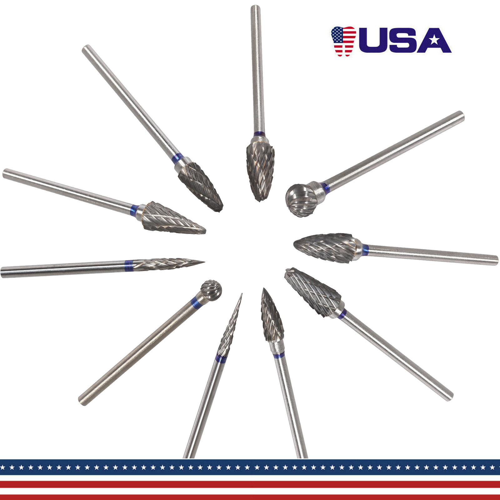 10Pcs Dental Lab 2.35MM Shank Polishing Straight Bur Drills Carbide Steel Burs