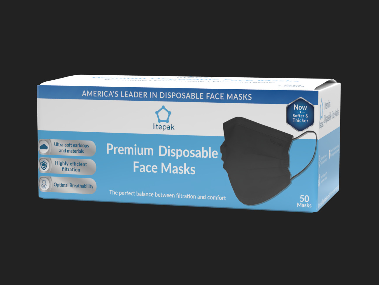 50pcs Litepak Premium Disposable Face Mask 3-Ply SOFT Comfort Earloops Black