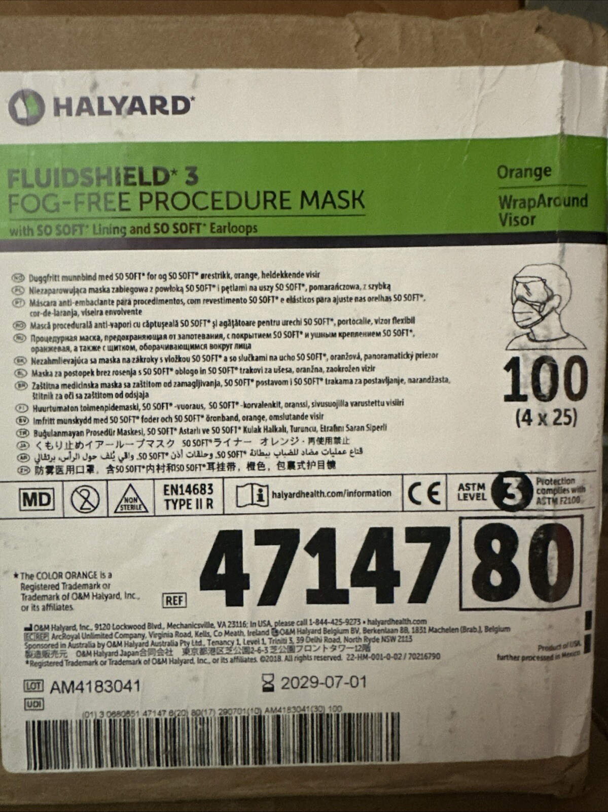 Halyard 47147 Fluidshield 3 Fog-Free Procedure Mask – 100 Piece