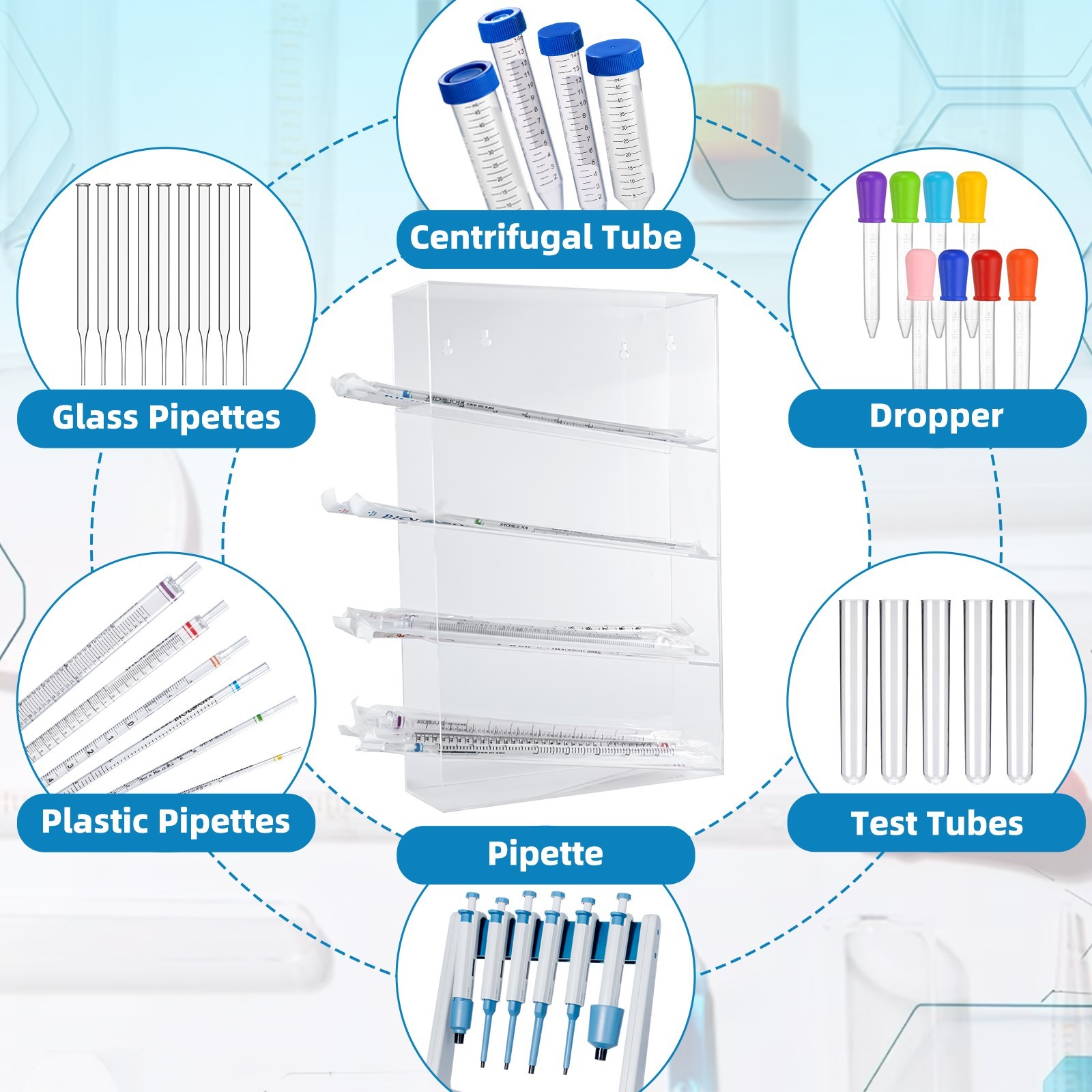 Serological Pipette Rack, 4 Compartment Lab Organizer, Acrylic, 12x4x19 Inches