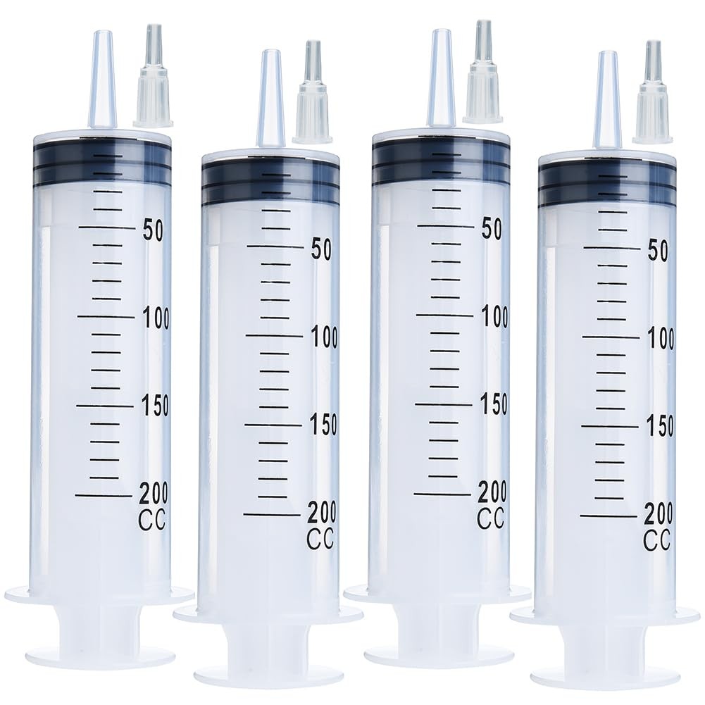 4 Pack 200ml Reusable Syringes with Tip Adapters, Large Plastic Garden Syringe I