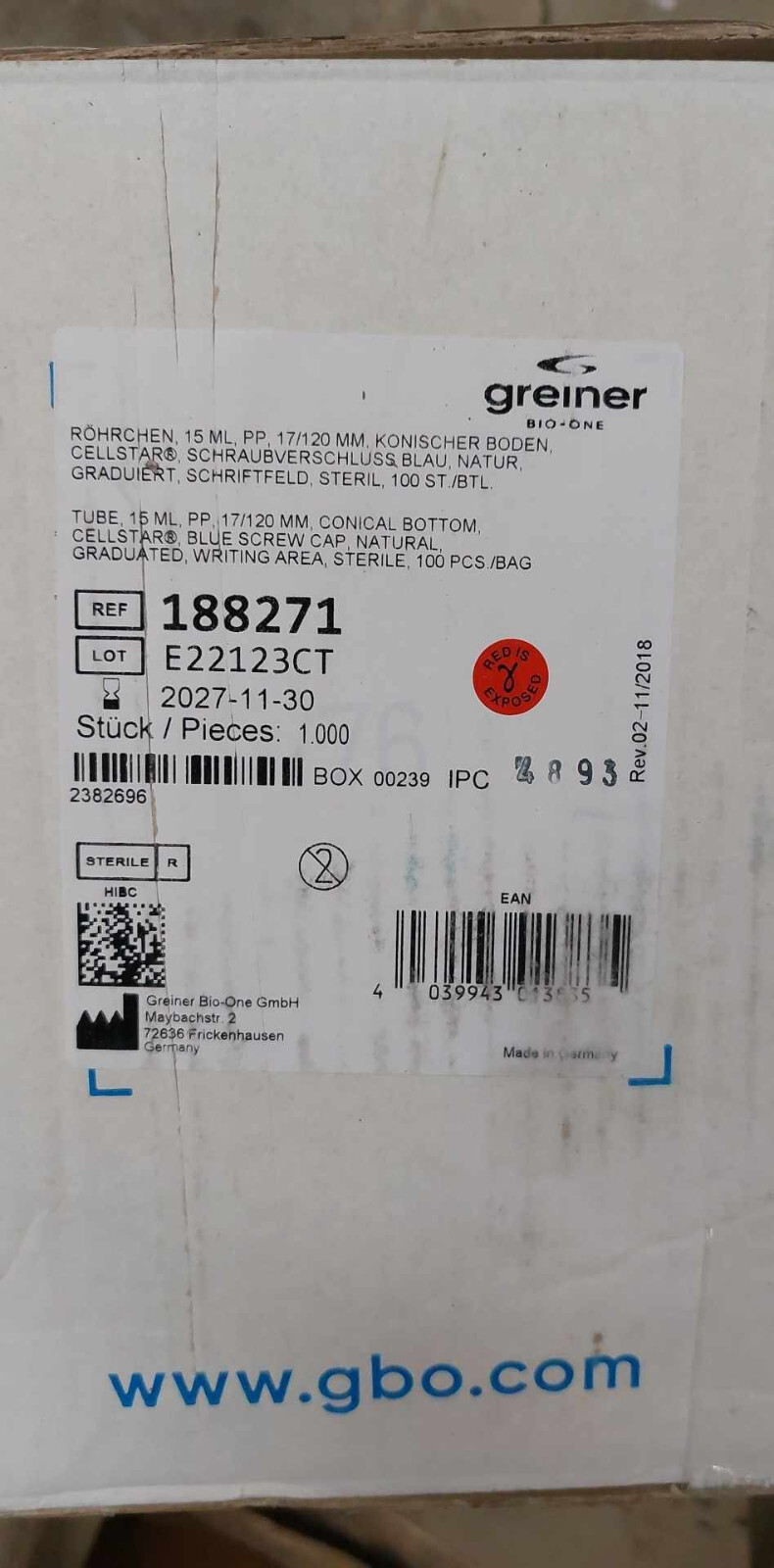 (Multi-Pack) Greiner Bio-One 188271 Polypropylene Centrifuge Tube 15 ml, Sterile