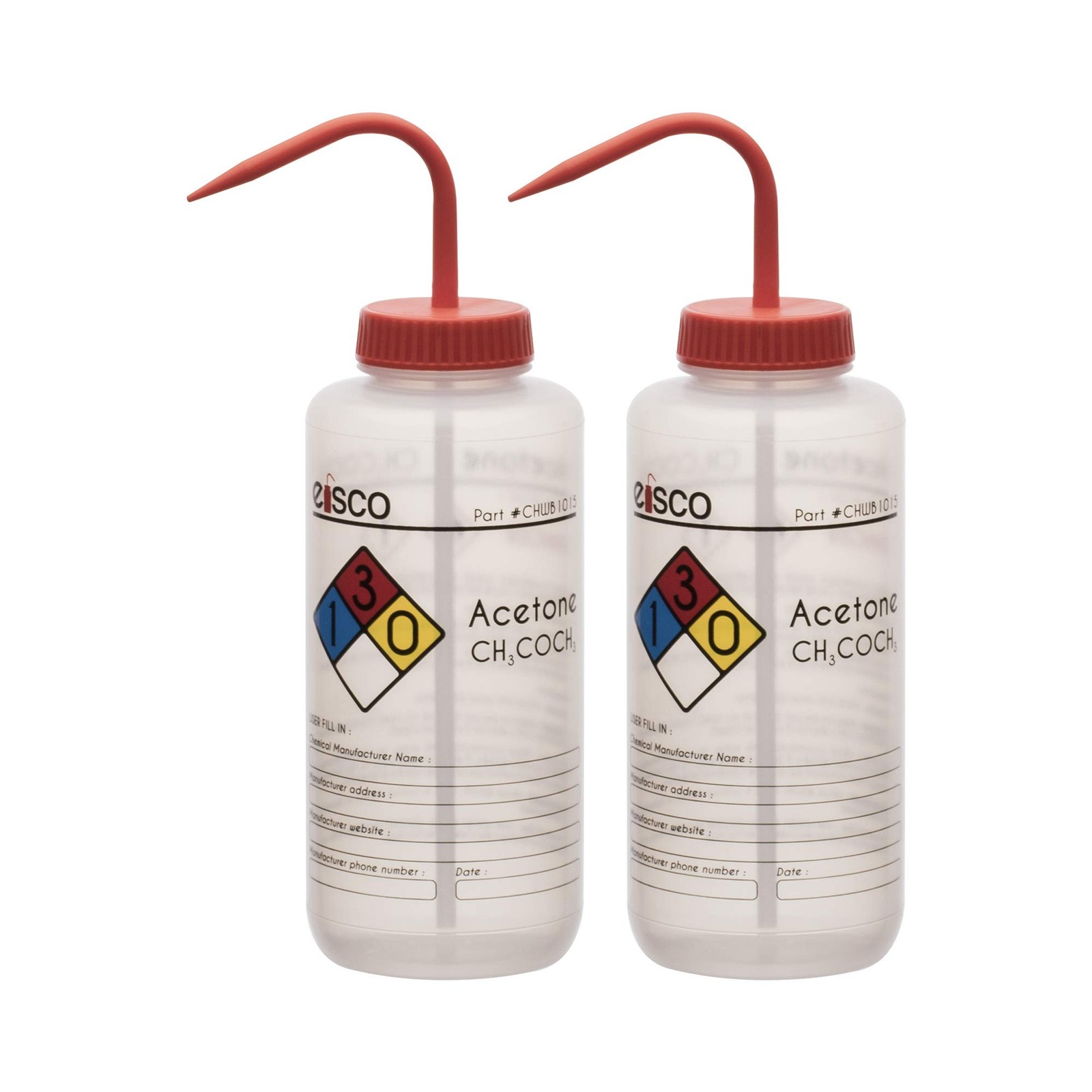 EISCO 2PK Wash Bottle for Acetone, 1000ml – Labeled with Color Coded Chemical…