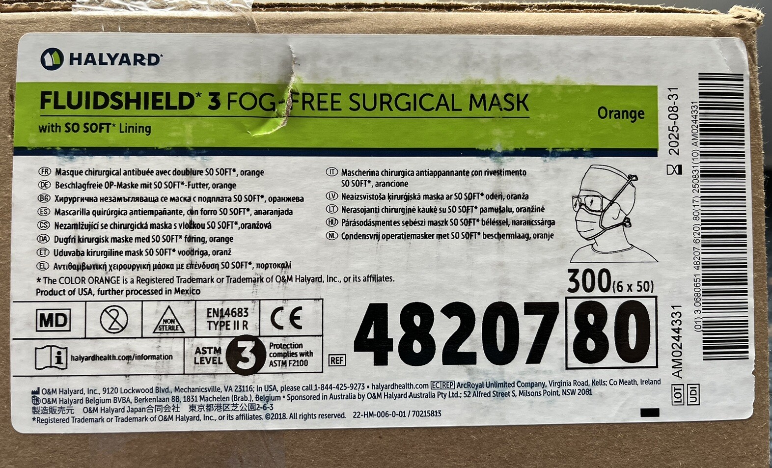 Halyard FluidShield ASTM Level 3 Fog-Free Surgical Face Mask 48207 Case Of 300