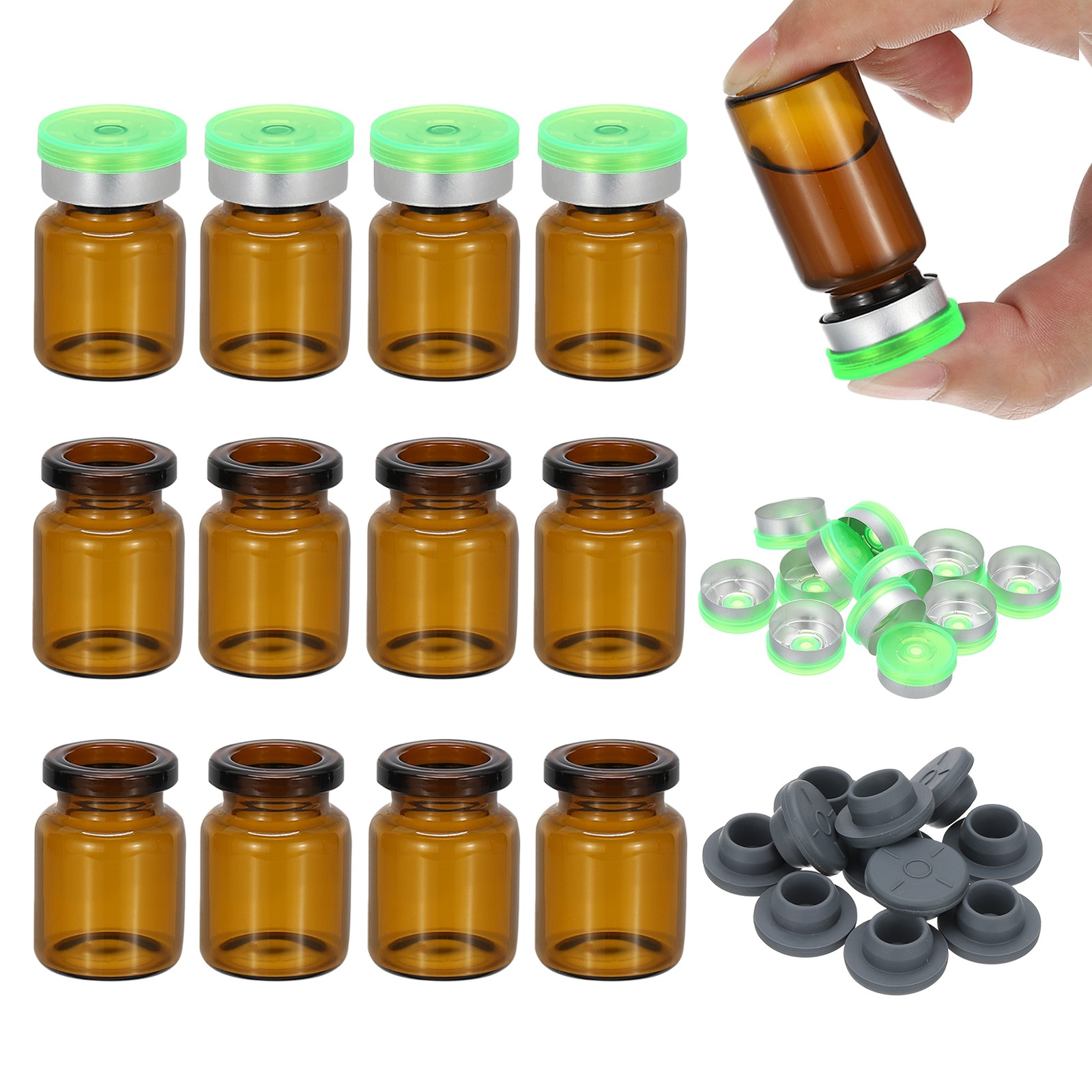 12pcs 5ml Small Amber Glass Vials with Green Silver Color