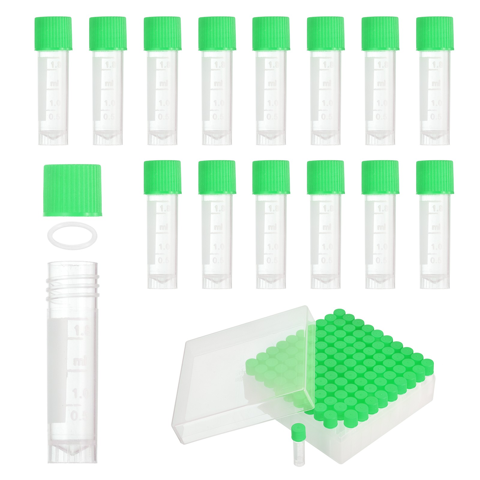 100 Pcs Plastic Vials, 2ml Cryogenic Vials Small Sample Test Tubes, Green
