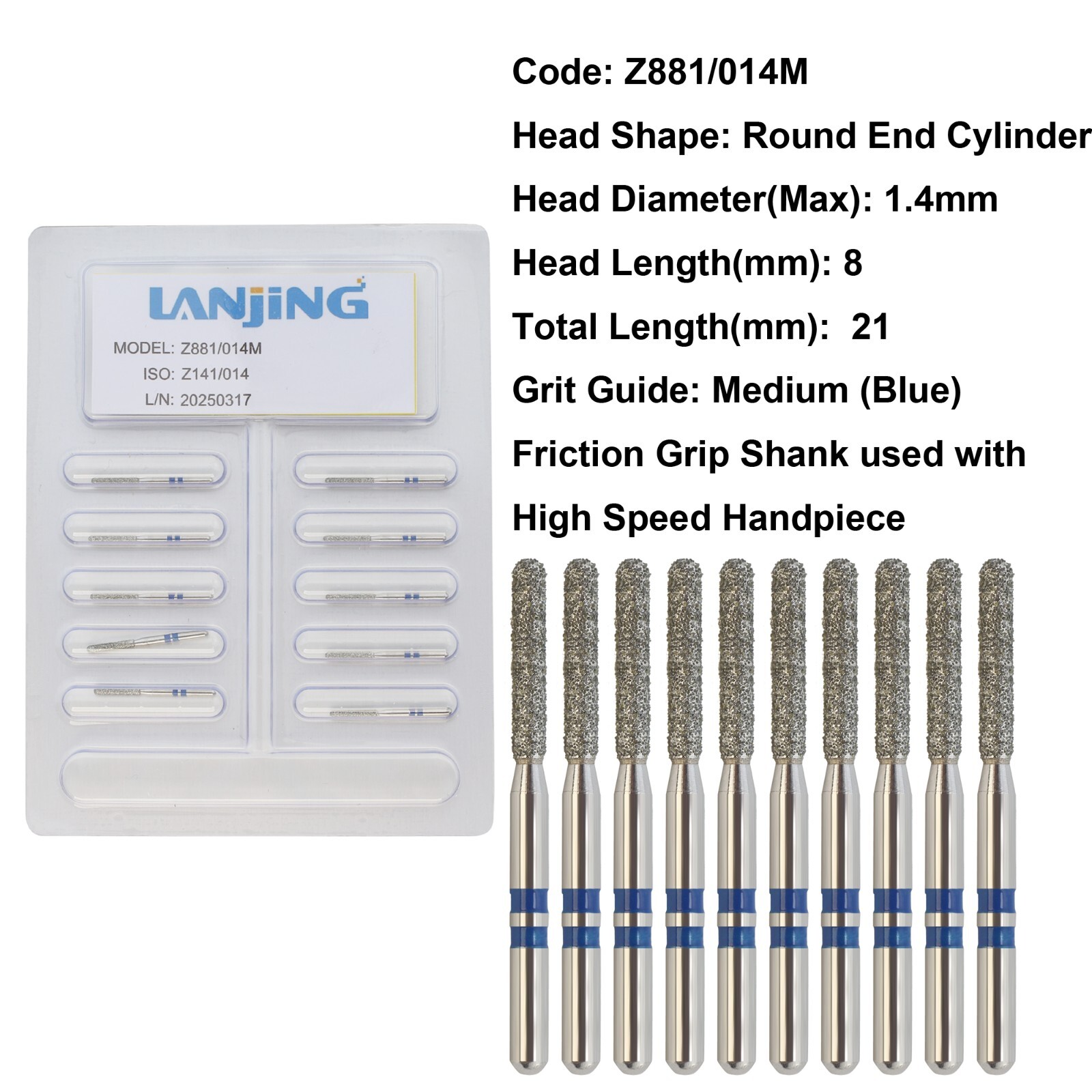 Dental Diamond Bur Z881/014M Zirconia Round End Cylinder Medium FG High Speed