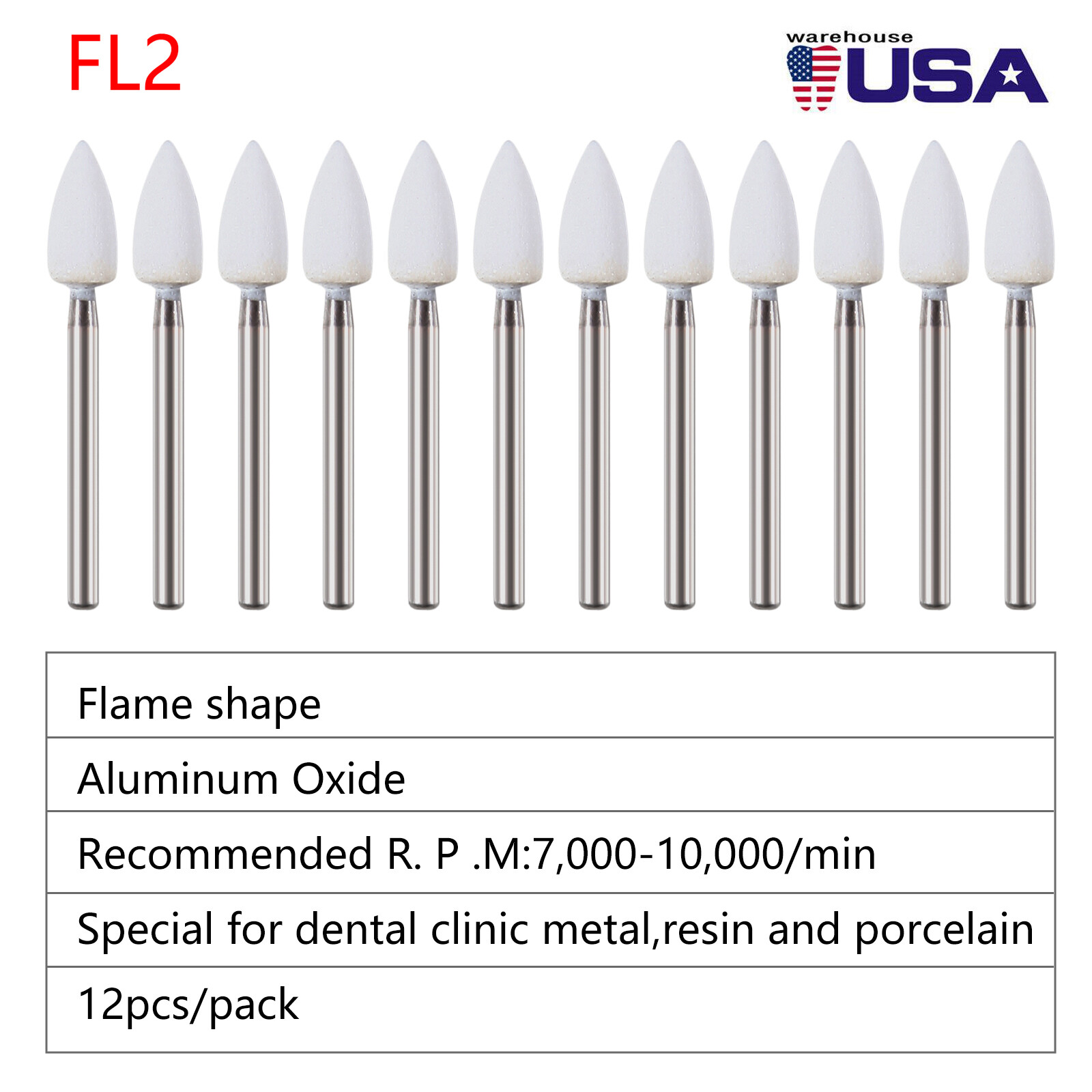 Dental High Speed FG Polishing Bur Kit Resin White Stone Flame Shape 12 Pcs/Set