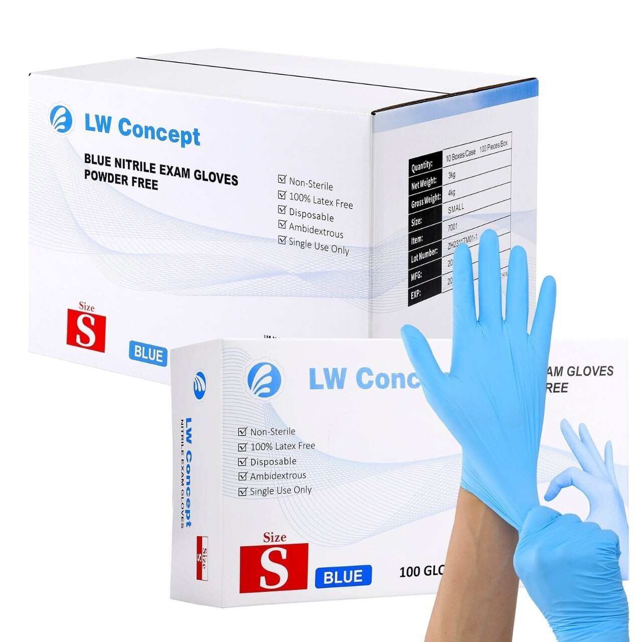 LW Concept Nitrile Powder Free Exam Gloves, Blue, Size X-Large, 100/Box