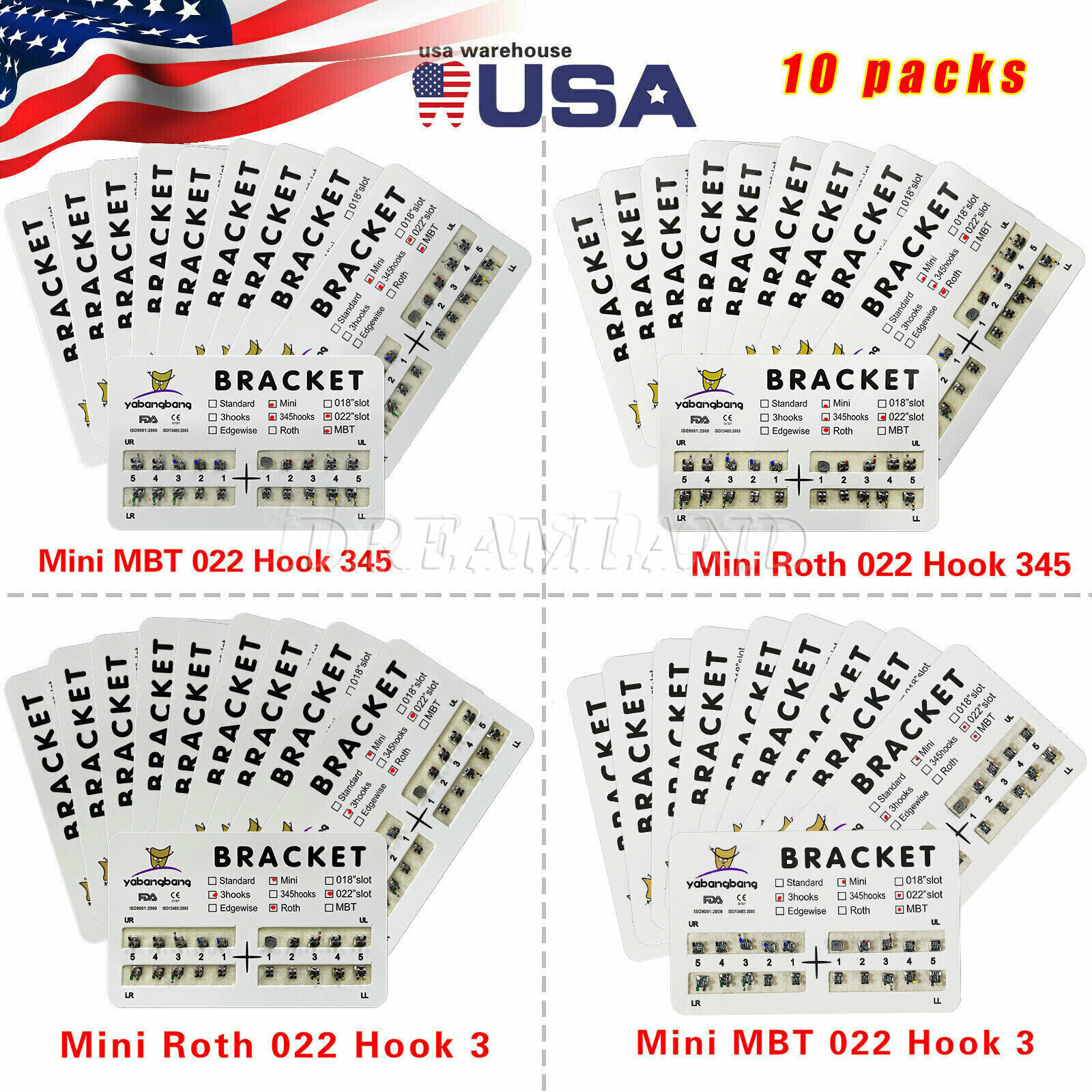 200* Dental Orthodontic Bracket Braces Roth/MBT 022″ Slot 3/345 hooks Metal sale