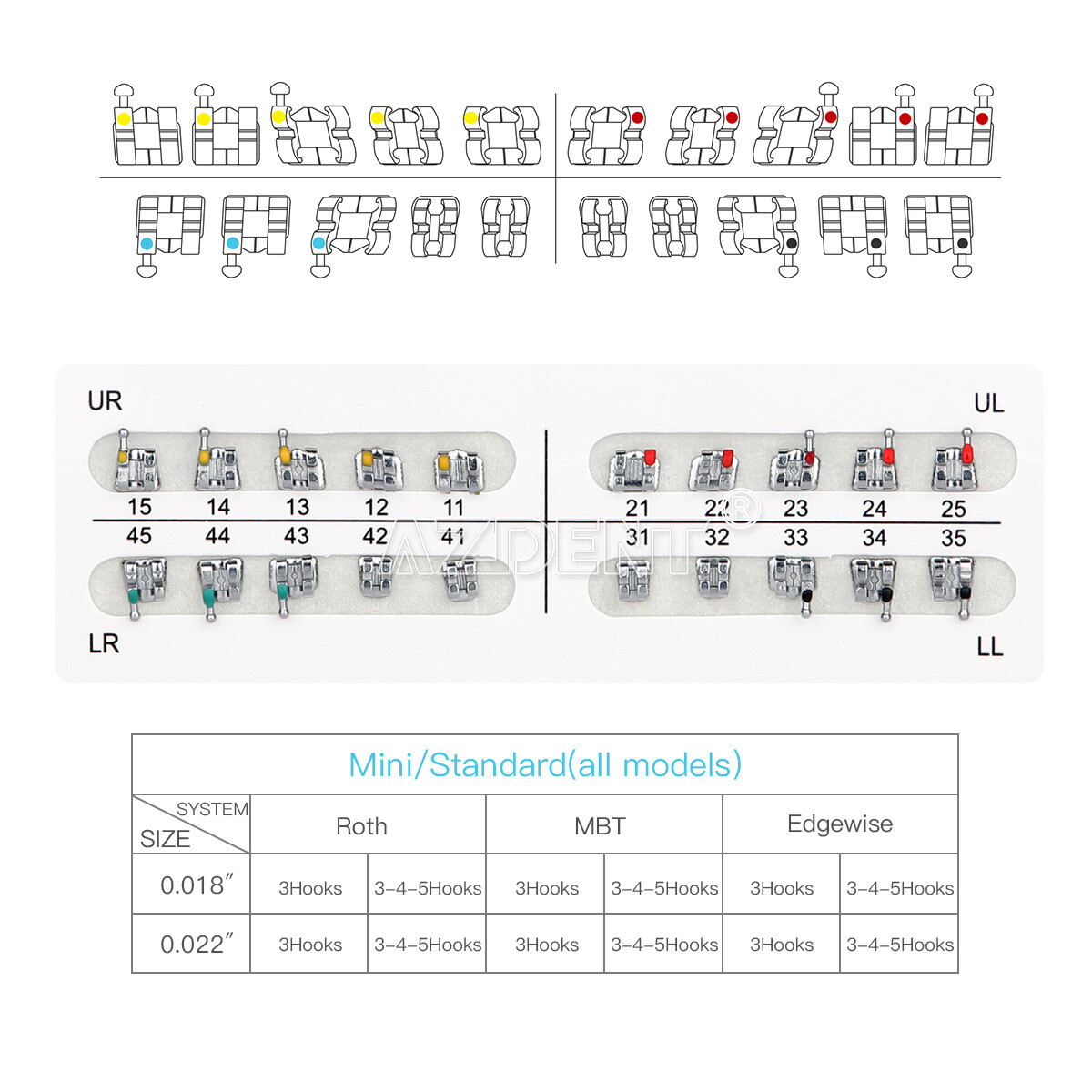 100 Packs AZDENT Dental Orthodontic Bracket Braces Standard MBT .022 Hooks 3-4-5