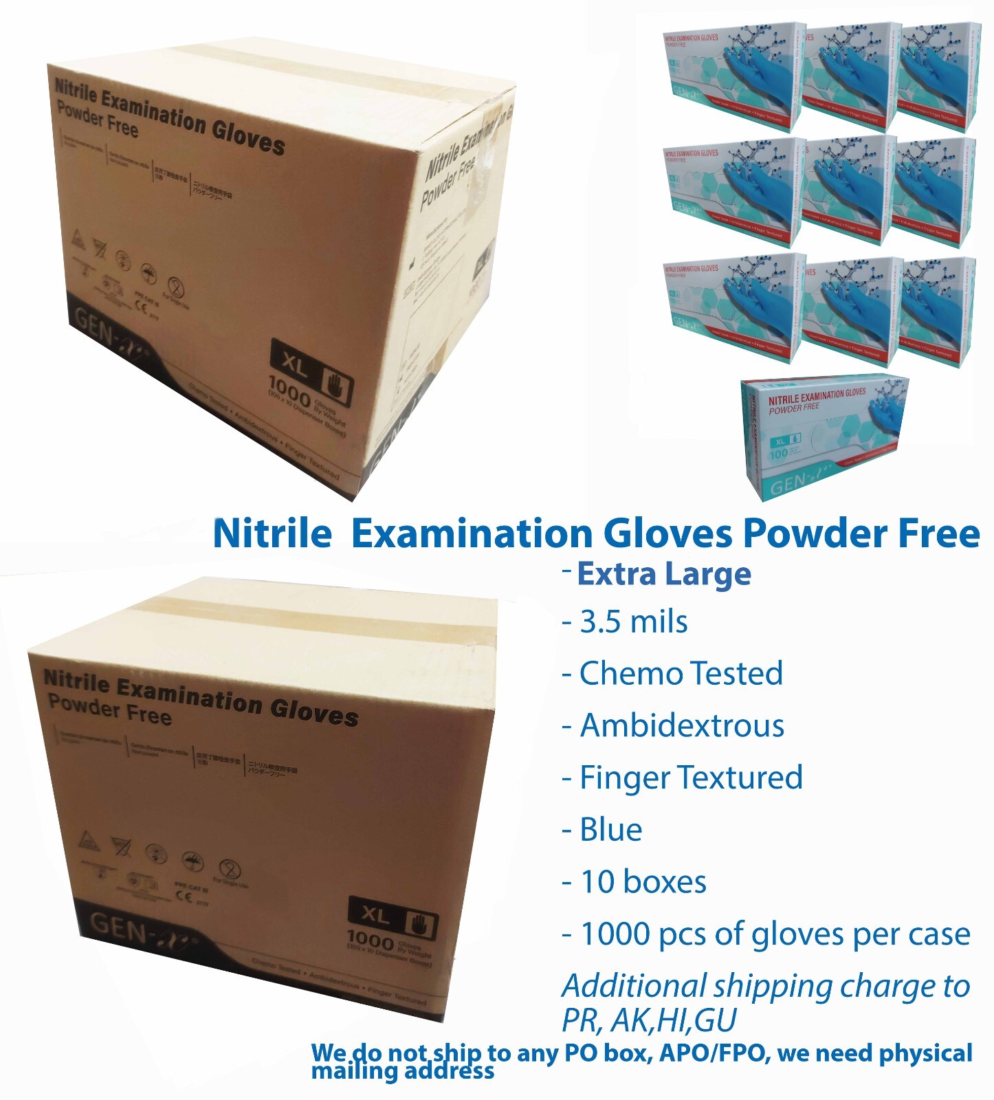 Nitrile Gloves Powder-Free 1000Pcs (1 Case) 3.5mil, ExtraLarge (Special Price!!)