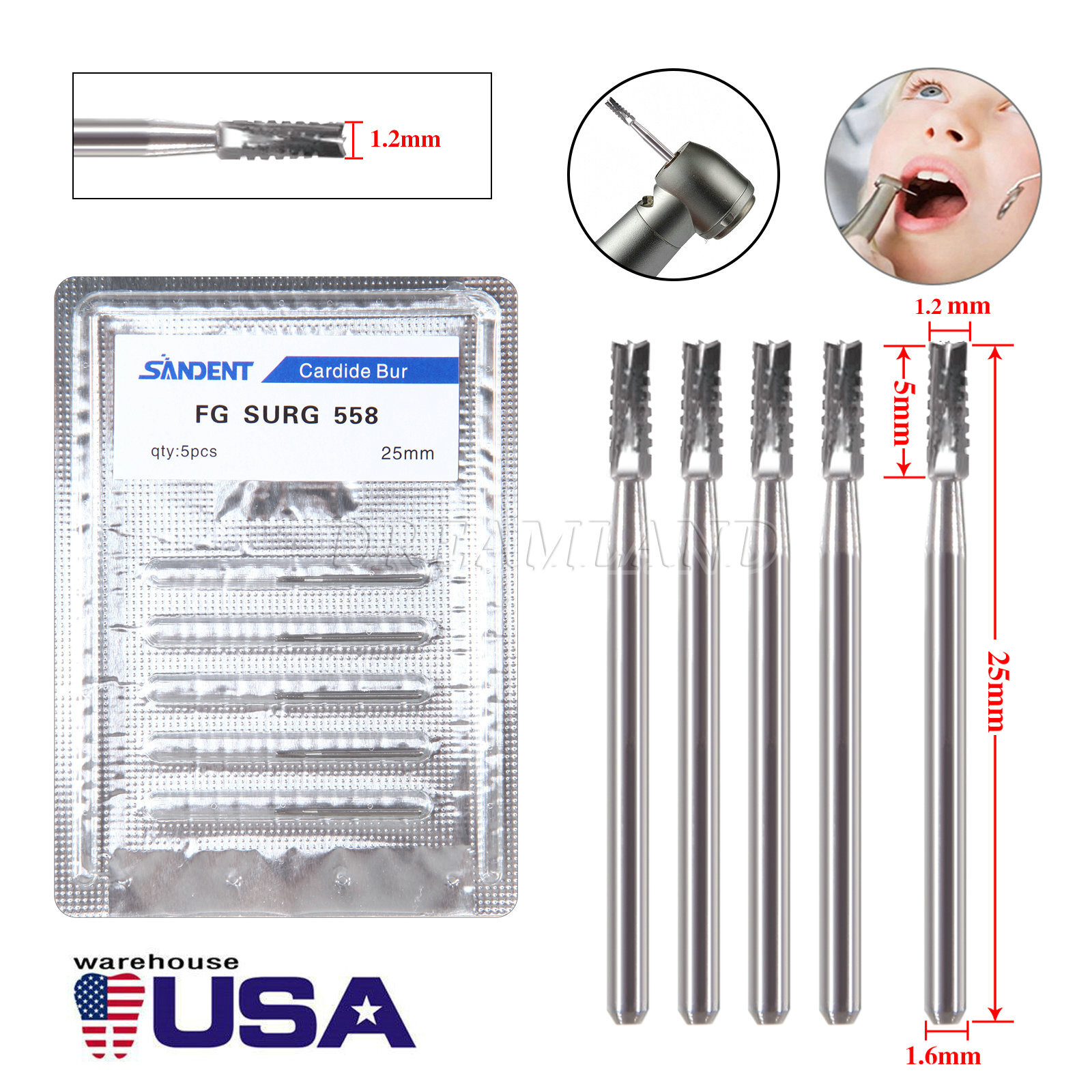 5pcs/pack Dental Carbide Burs Bits High Speed FG558 Ø1.2mm 6 Blades Fissure