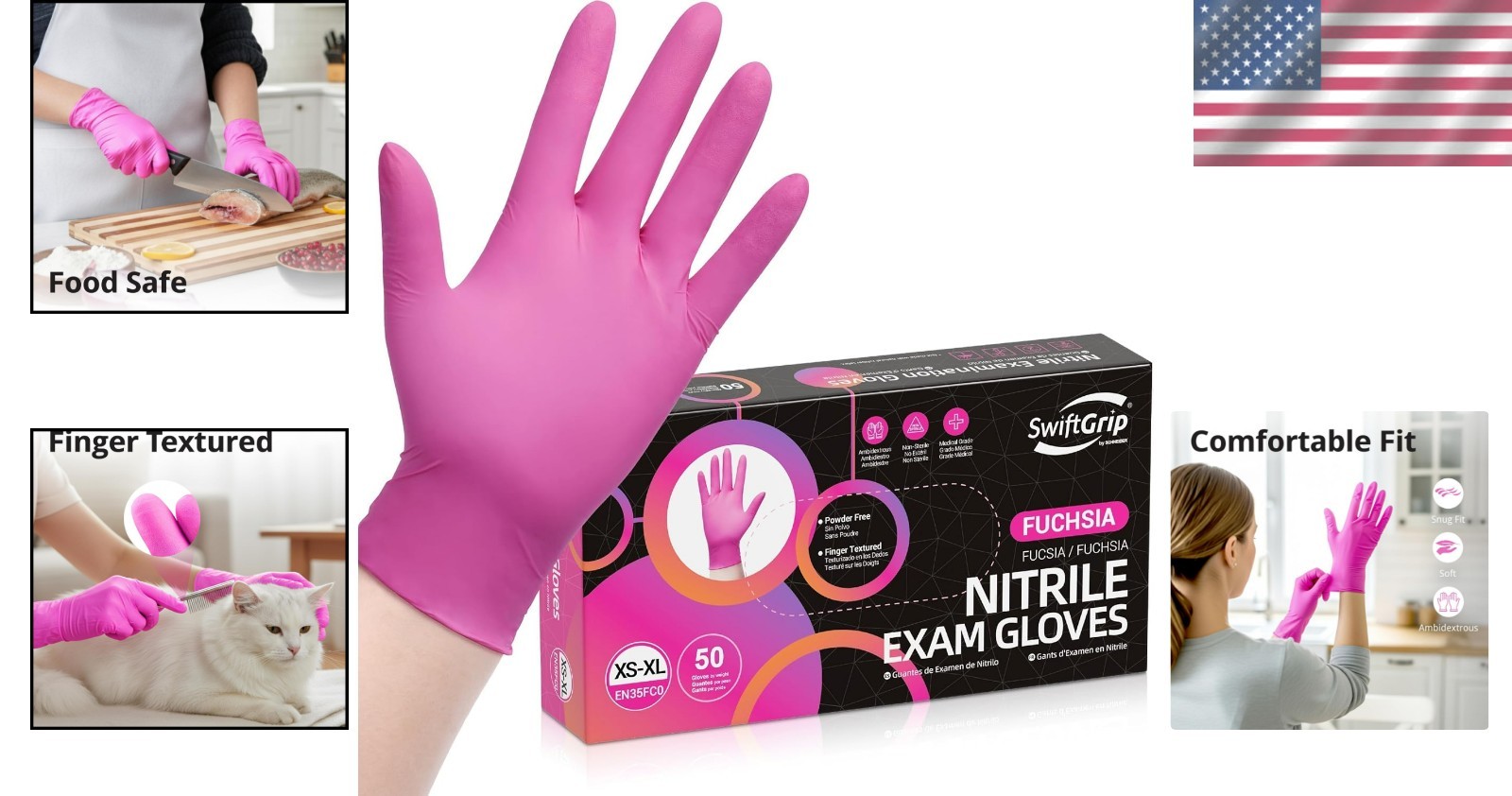 Powder-Free Nitrile Gloves, 3 Mil, Latex-Free, Pink/Fuchsia
