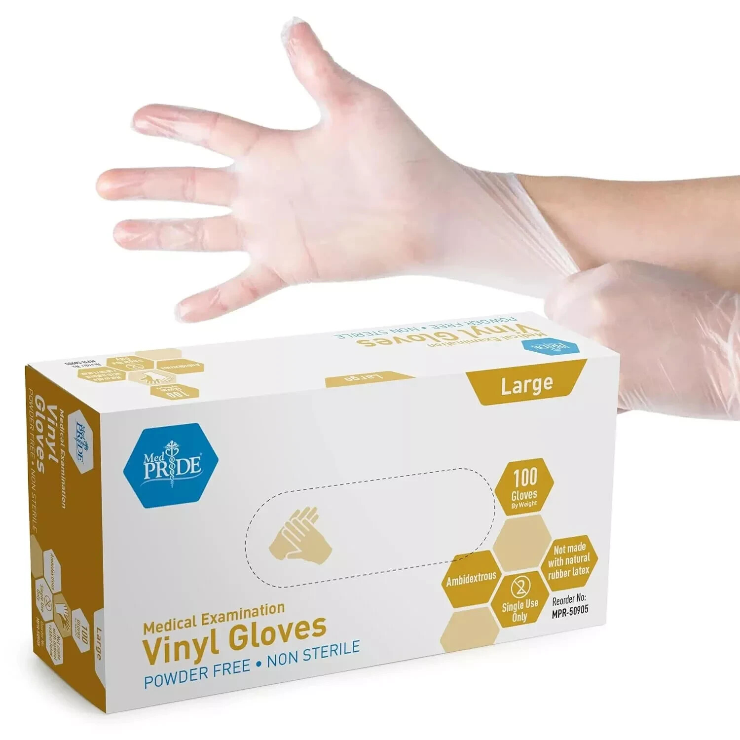 MedPride Medical Examination Vinyl Gloves ,N/S Powder Free, Large-1000 Gloves/CS