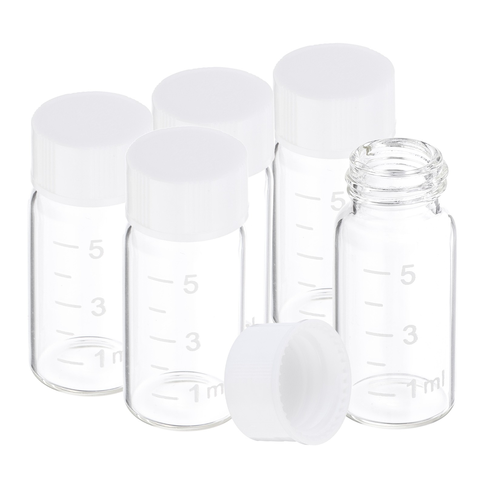 5 Pcs 5ml Clear Glass Vials with White Screw Caps, Sealed Bottles with Scale