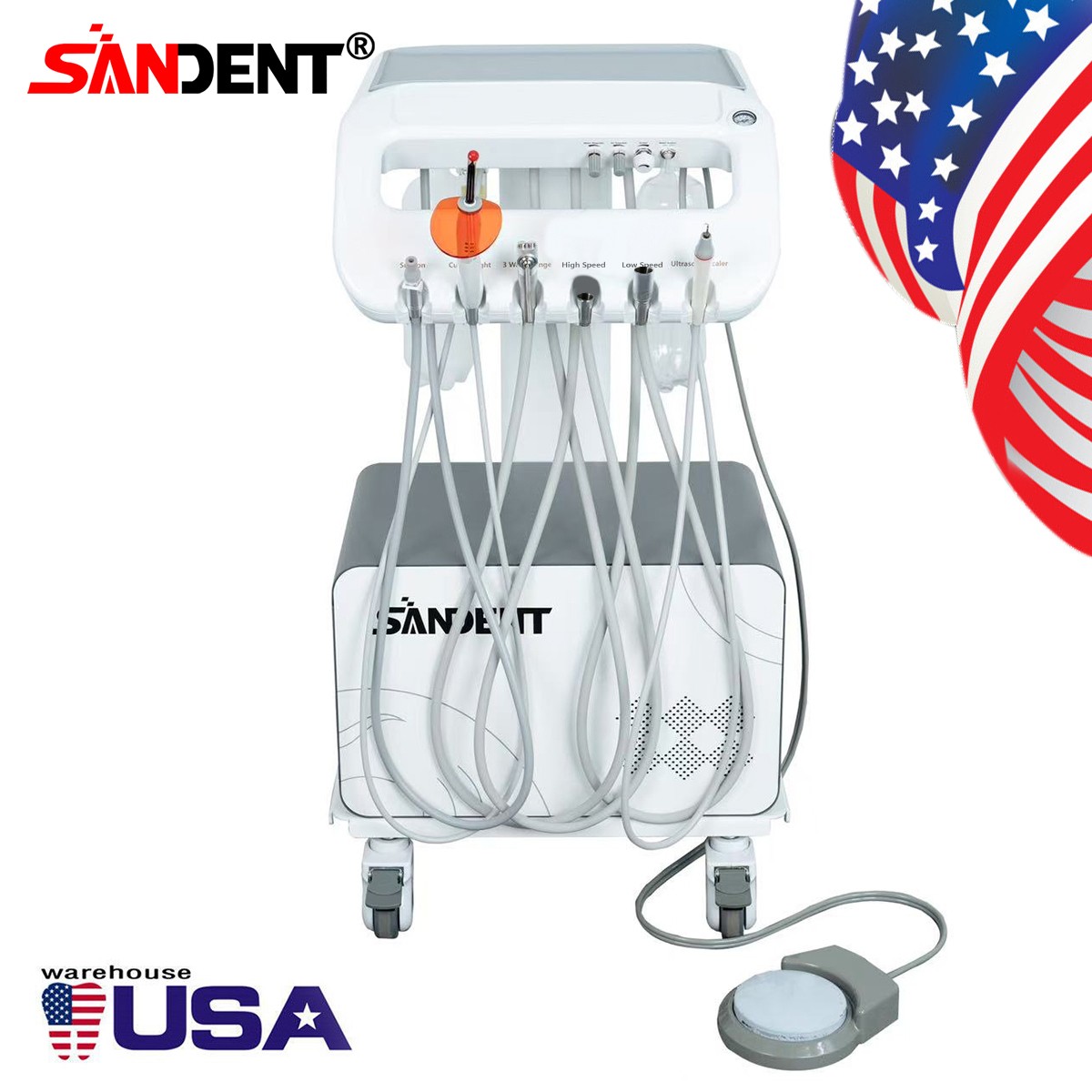 Dental Portable Delivery Unit Air Compressor Scaler Curing Light Rolling Trolley