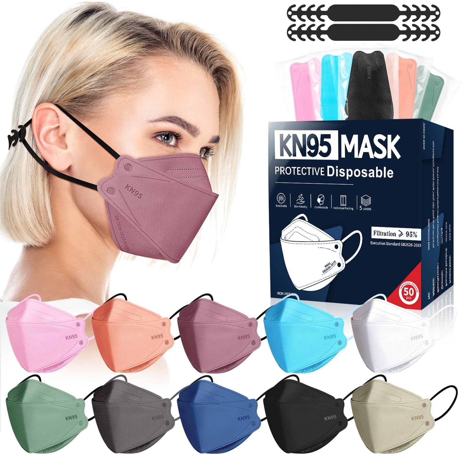KN95 Masks Disposable Adults – 50 Pack 5 Layer Protection Dust Breathable Com…