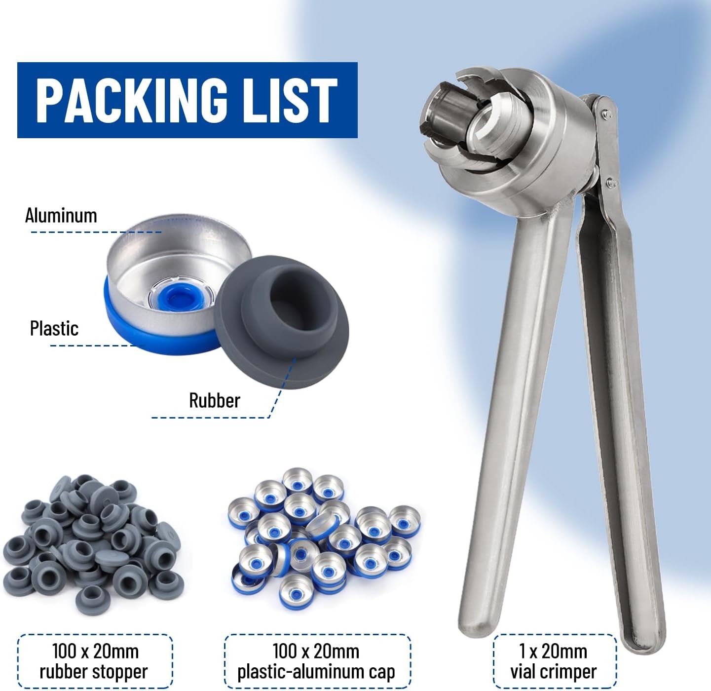 20mm Flip Vial Crimper, 100 Pcs Flip Caps and 100 Pcs Rubber Stoppers Are Includ
