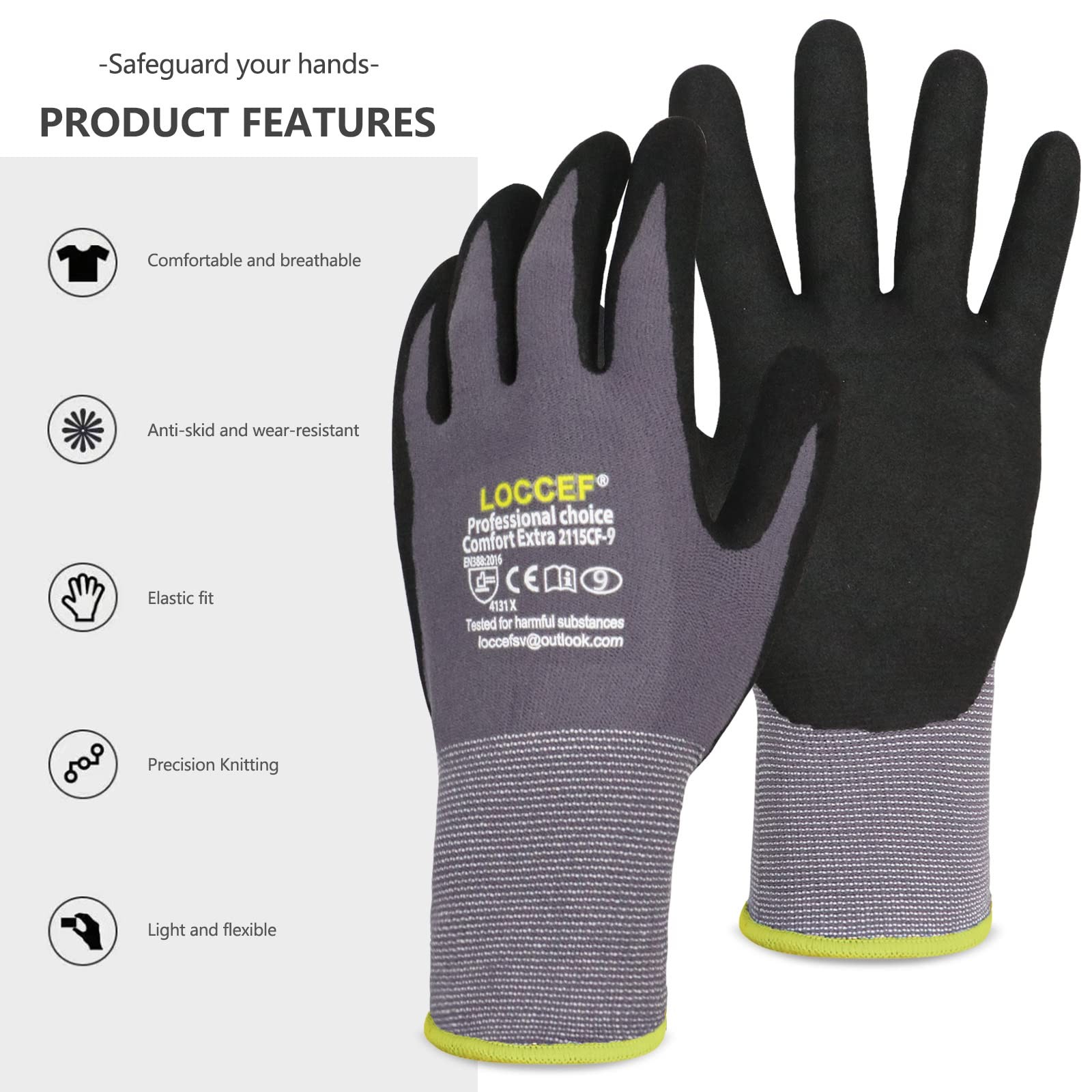 Loccef Work Gloves Microfoam Nitrile Coated-6 Pairsseamless Knit Nylon