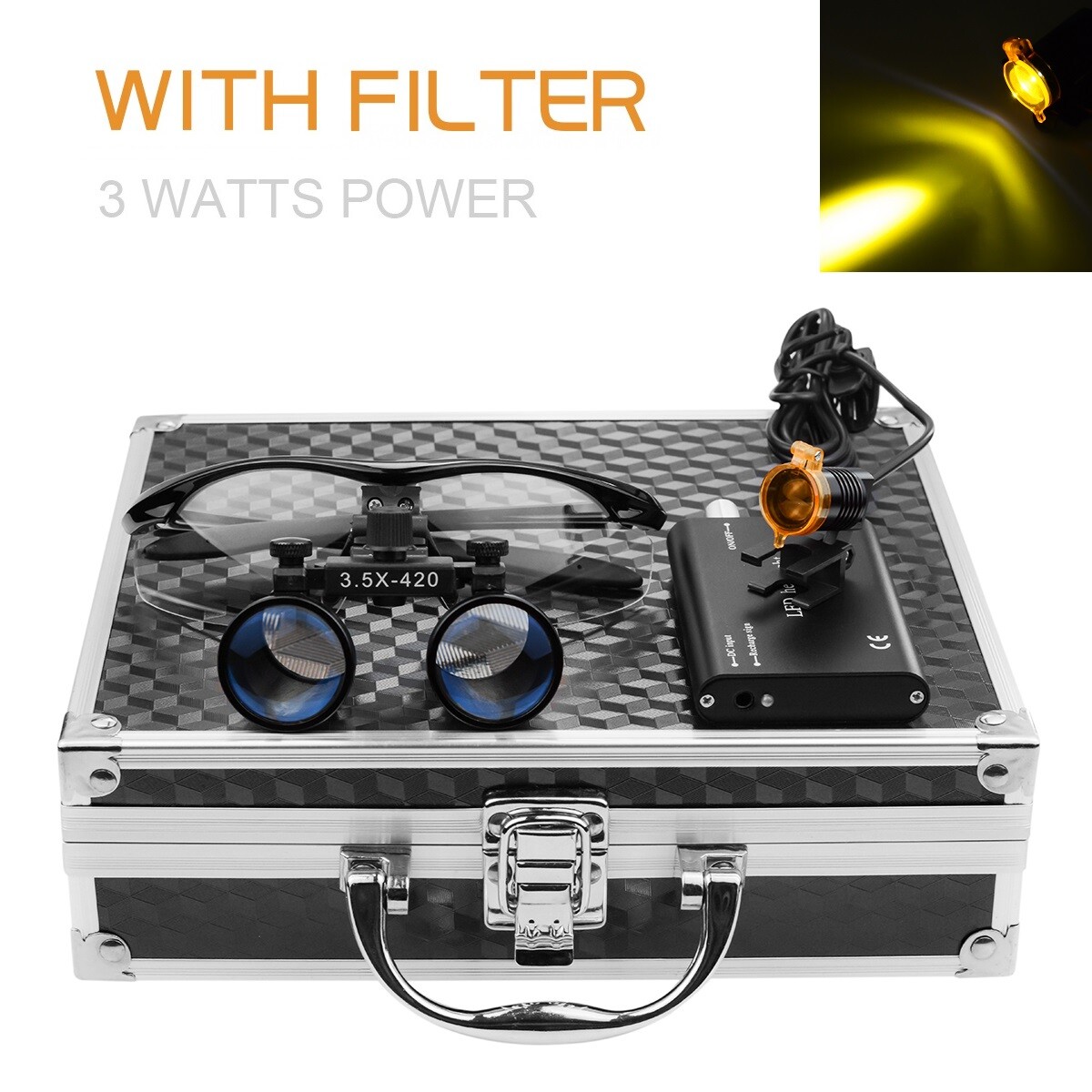 Dental 3W LEd Headlight with Filter + 3.5X Binocular Loupes Aluminum Box Black