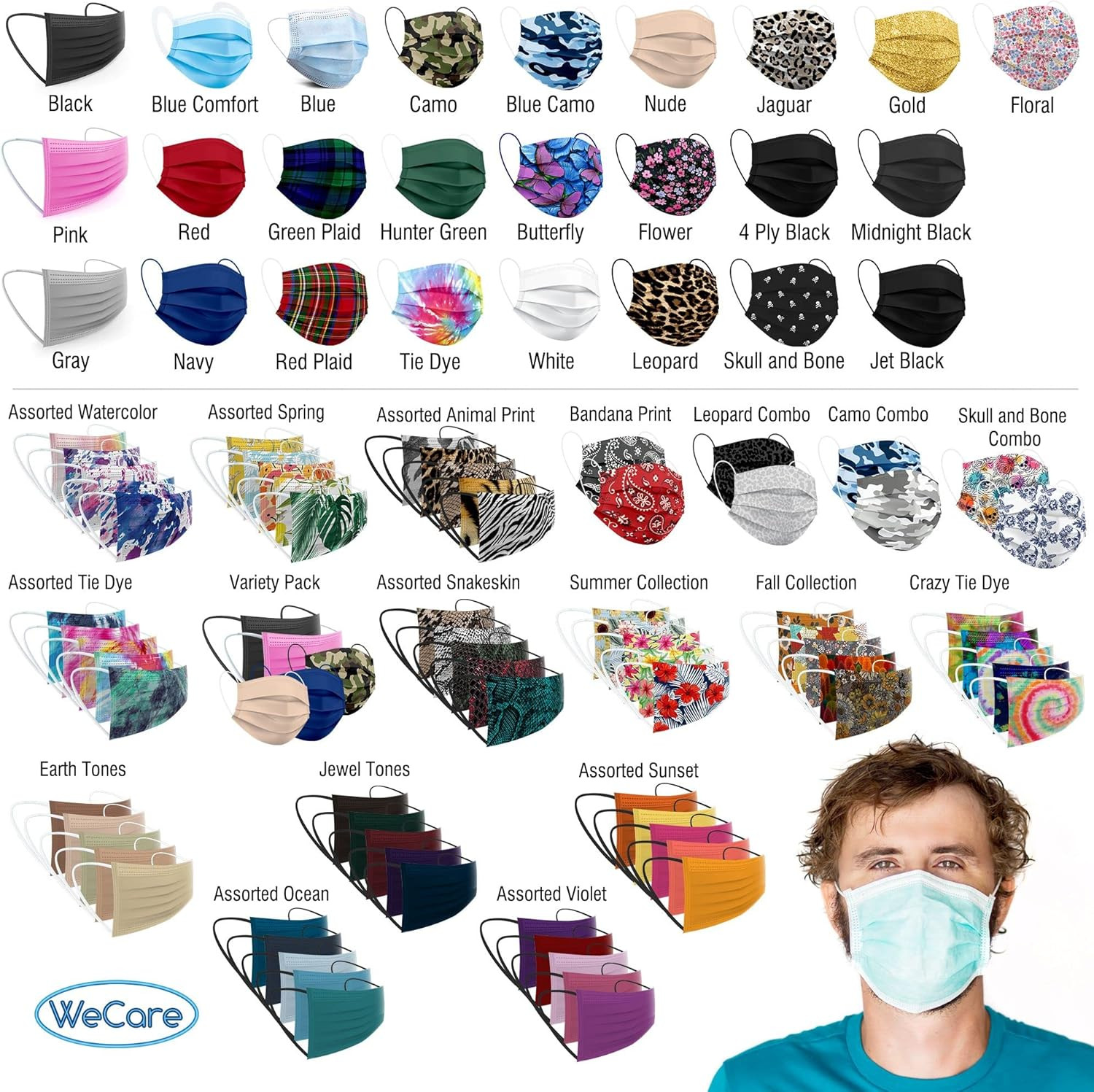 Disposable Face Mask Individually Wrapped – 50 Pack, Colored Face Masks