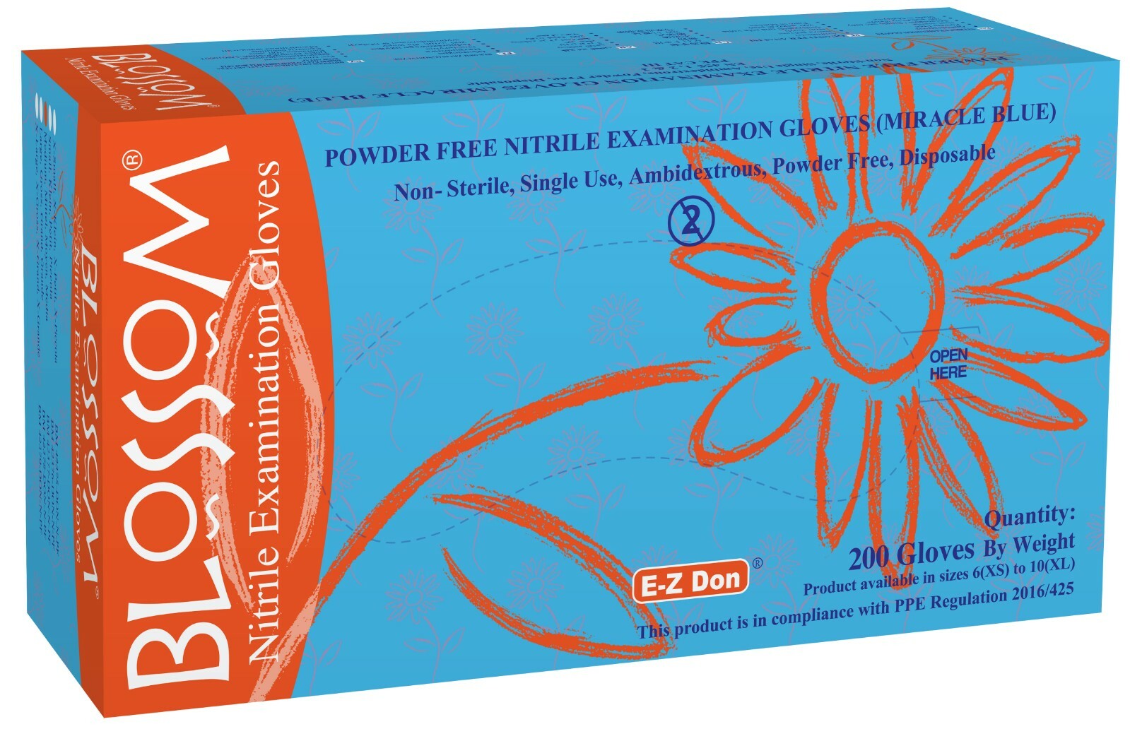 MEDIUM Nitrile Powder Free Exam Gloves BLUE, 200 gloves (1 box) BLOSSOM EZ DON