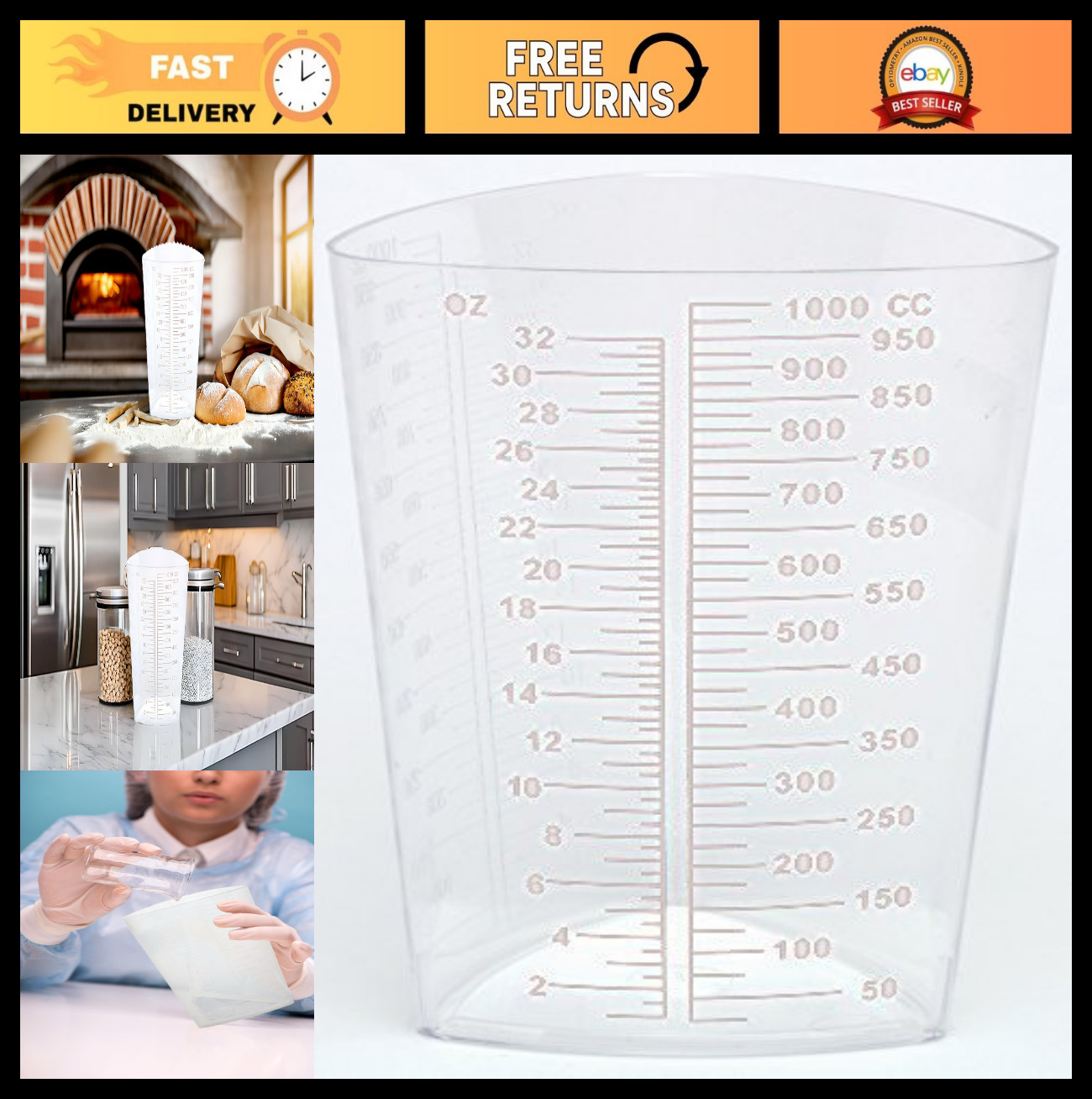 1000ml Triangular Graduated Measuring Cups, Translucent PP, Set of 10