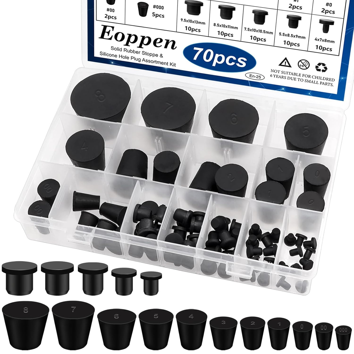 24Pcs Solid Rubber Stopper 11 Assorted Sizes 000# – 8# for Flask, Plug Holes, La