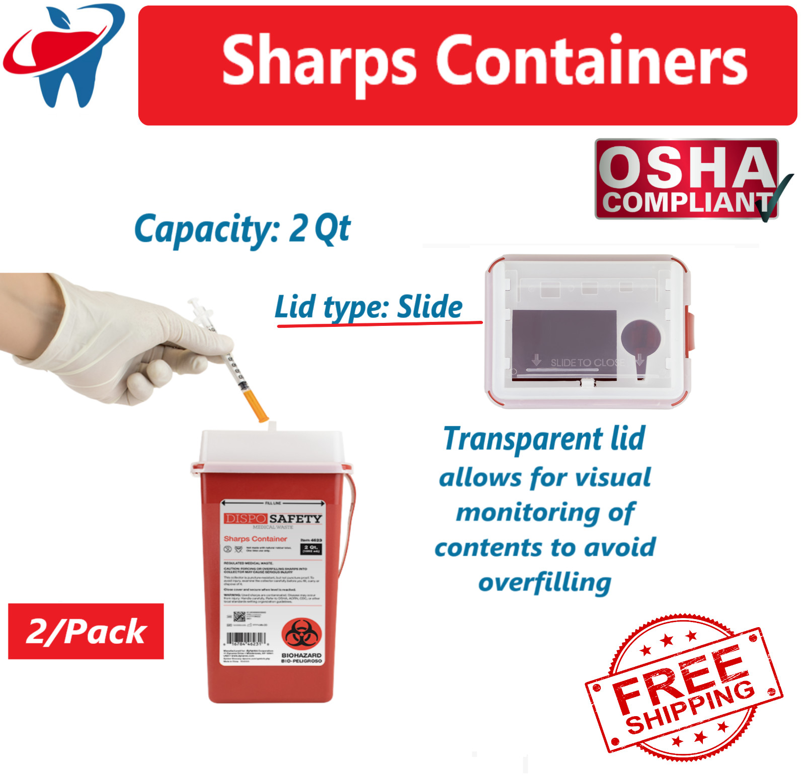 2 PACK! Sharps 2 Quart Biohazard Container Needle Disposal Doctor DYNAREX