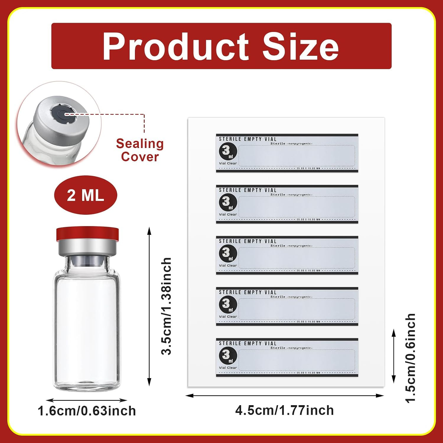 20 Pcs 3Ml Sealed Sterile Empty Vials with Self Healing Injection Port Glass Red