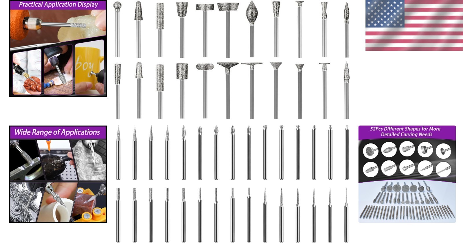 Multi-Shape Diamond Grinding Bit Set for Dremel – 52pcs for Precision Crafting