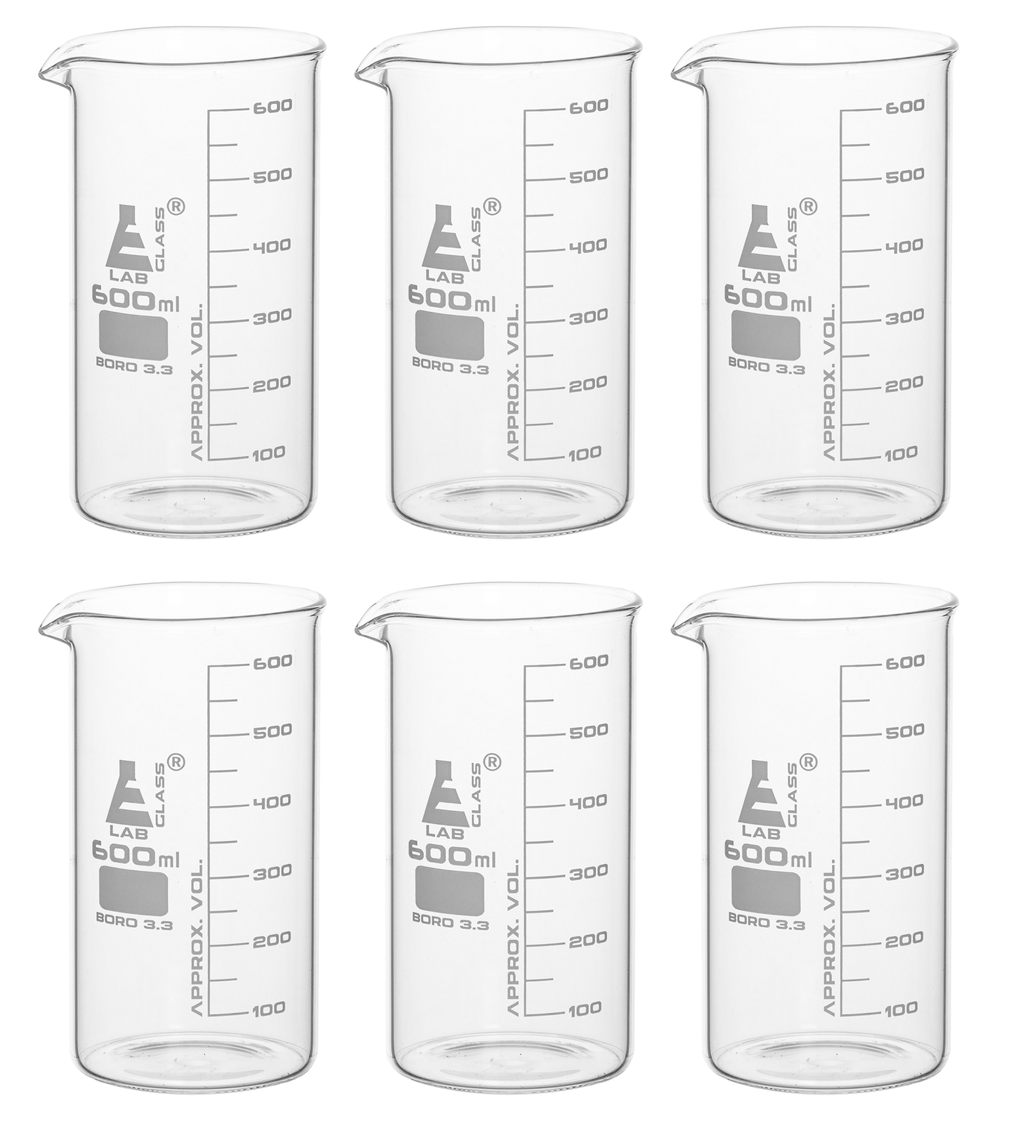 Eisco Labs 600ml Beakers, Tall Form, Graduated – Borosilicate Glass – 6 Pack