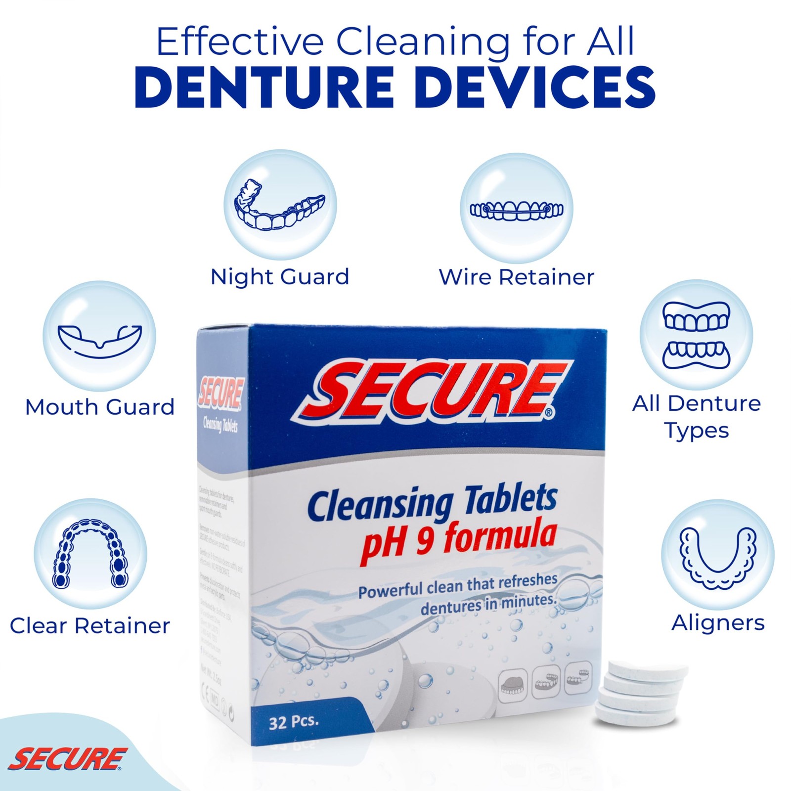 Secure Daily Cleansing Tablets – pH 9 Formula Thoroughly 32 Count (Pack of 4)