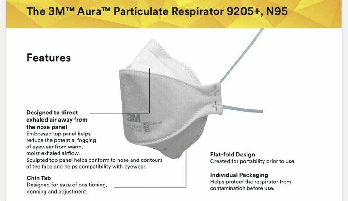 3M Aura 9205+ N95 Mask NIOSH Approved Particulate Respirator Pack Of 40