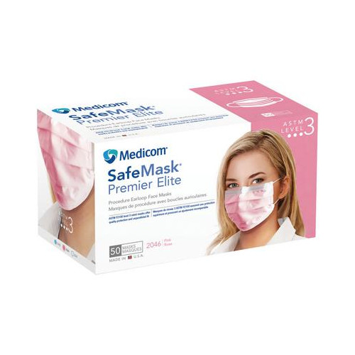 Medicom 2046 SafeMask Premier Elite Earloop Face Masks ASTM Level 3 Pink 50/Bx