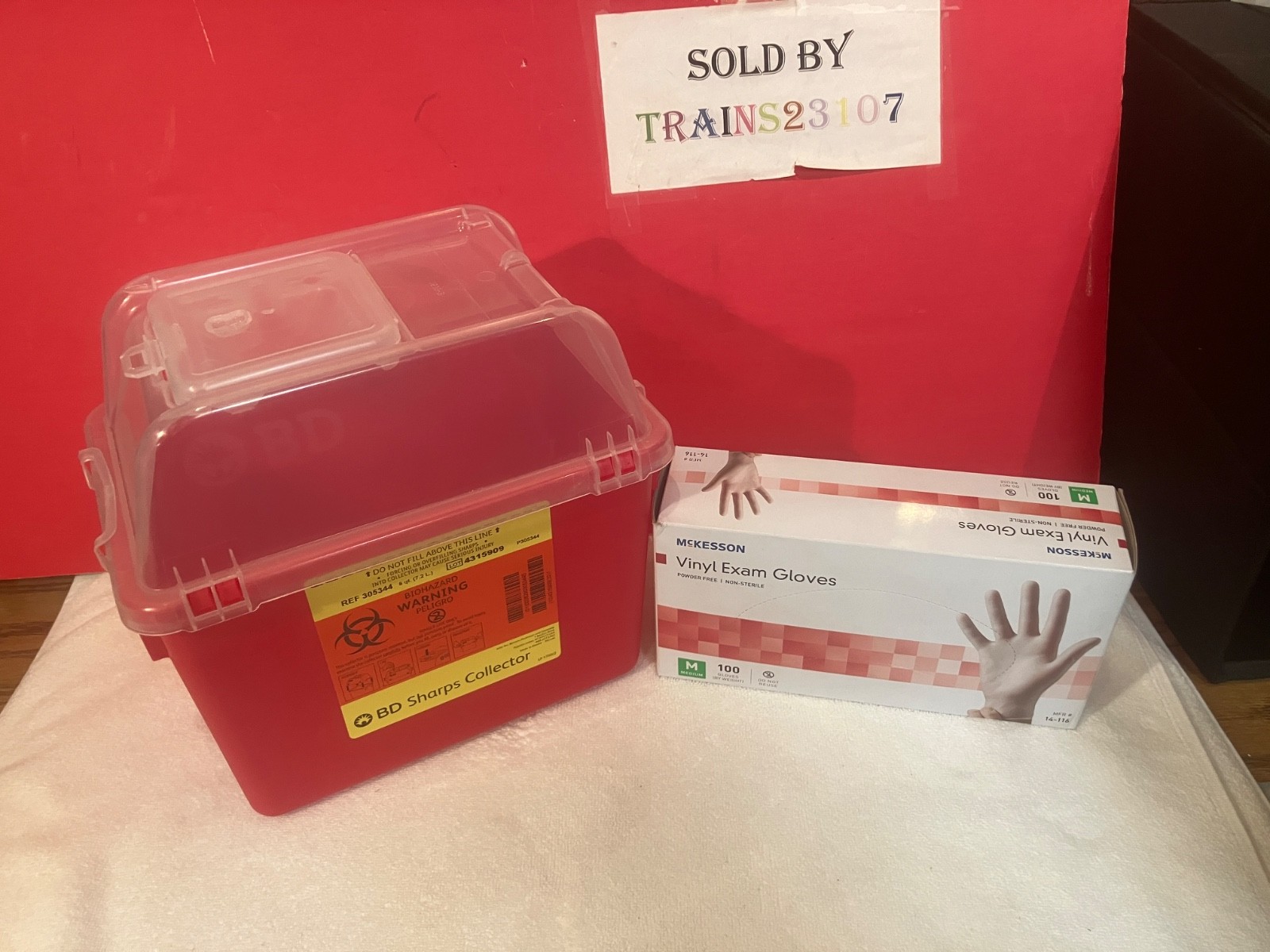 BUNDLE BD Red Sharps Collectors 8 Qt, 305344 and McKesson Vinyl Exam Gloves