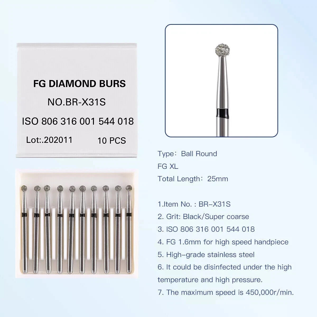 10 Pcs/Box Dental Surgical Diamond FG 1.6mm Burs Ball Round High Speed Handpiece