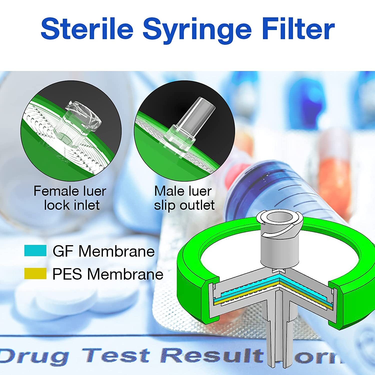 10Pcs Sterile PES Membrane Syringe Filter 33mm 0.22 Micron Chemistry Hydrophilic