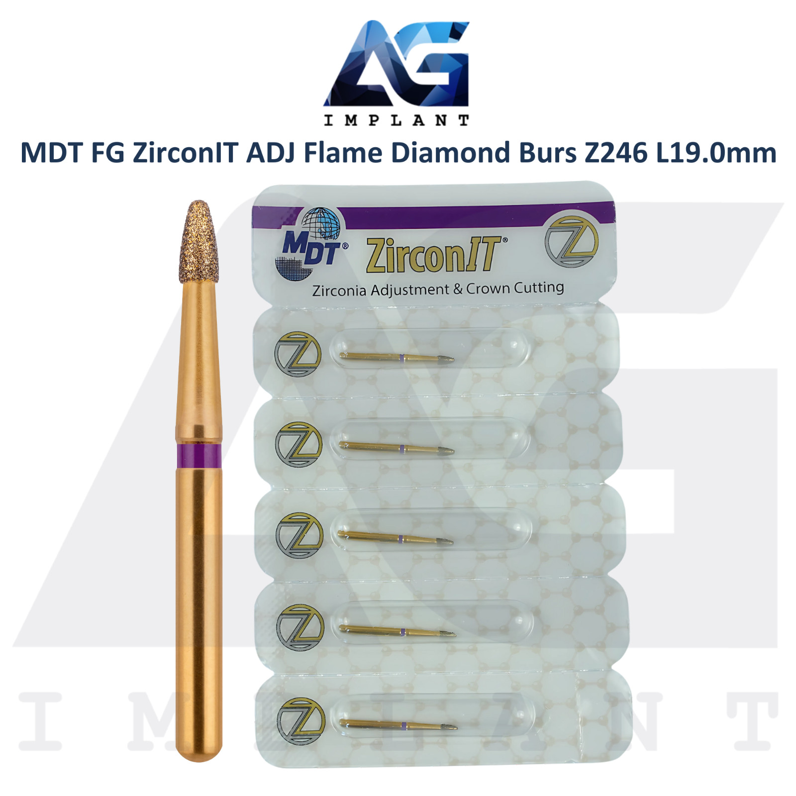MDT Dental FG ZirconIT ADJ Flame Diamond Coated Bur Z246 L19.0mm Ø0.14mmX2.7mm