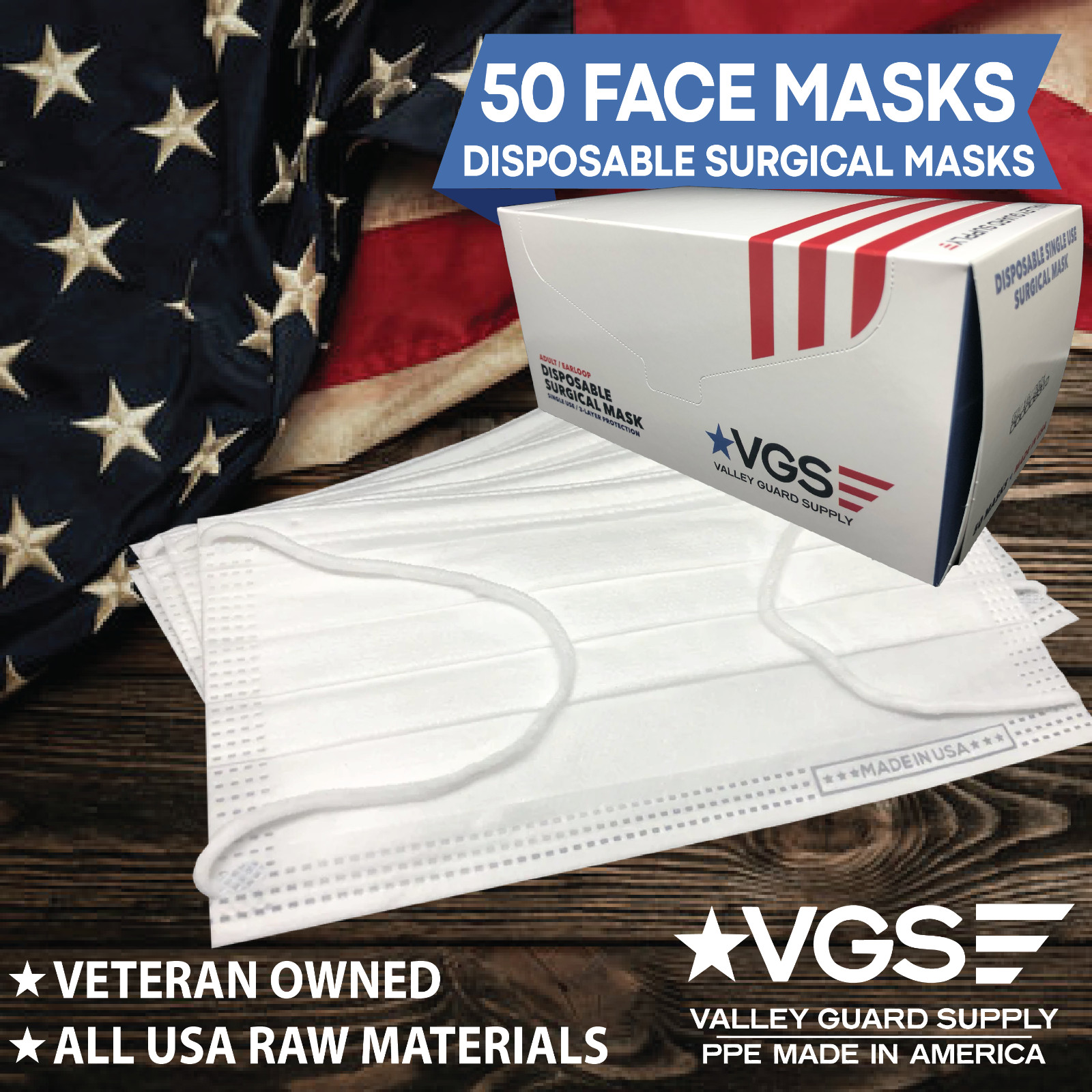 Made in USA Disposable Surgical Ear-Loop Face Masks 50pcs | 3 Ply | Level 2 Test