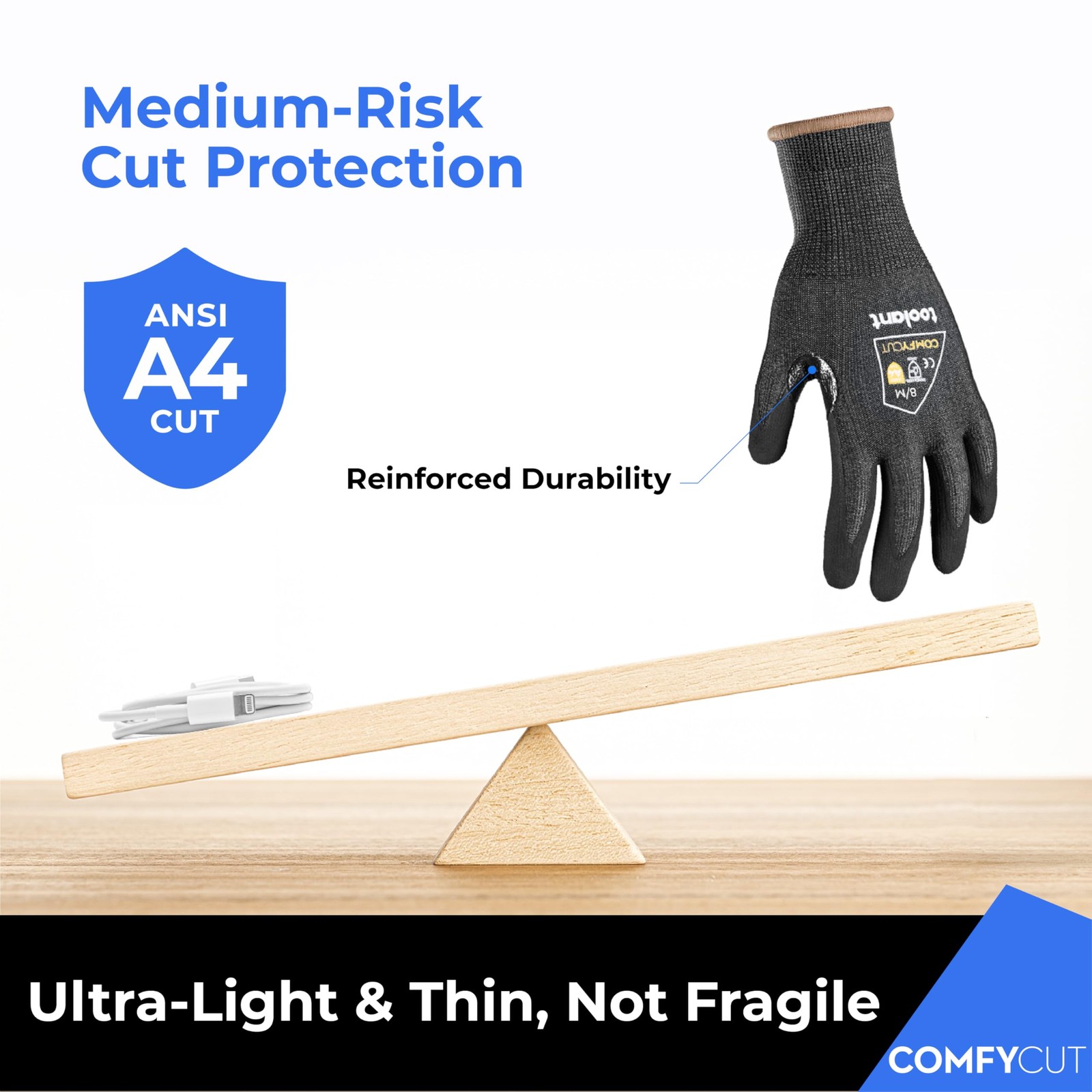 A4 Cut Resistant Work Gloves with Grip, Ultra Thin Safety Glove for Fishing, Woo