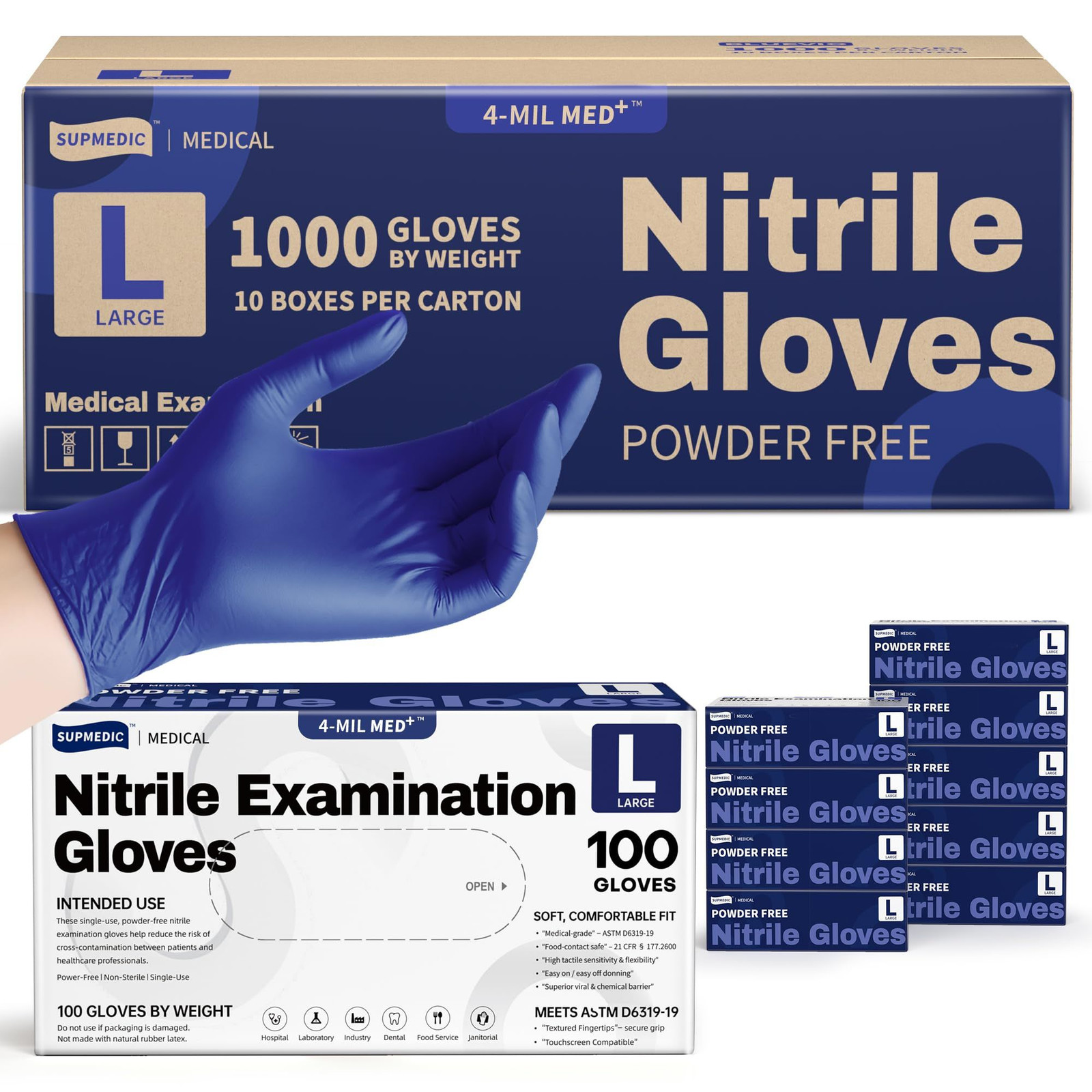 Supmedic Nitrile Exam Gloves, 4 Mil 1000 Ct, Large, Large (Blue Violet)