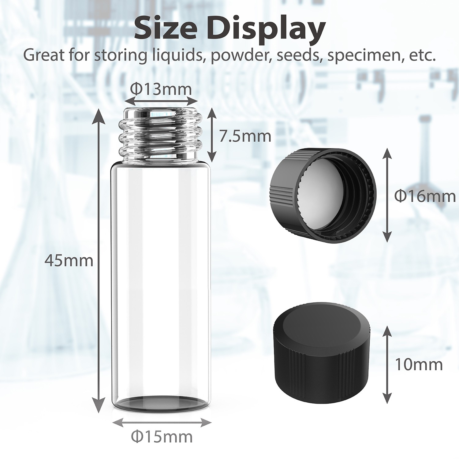 4ml 100X Clear Glass Vials w/ Screw Caps and Plastic Stoppers 1 Dram Sample Vial