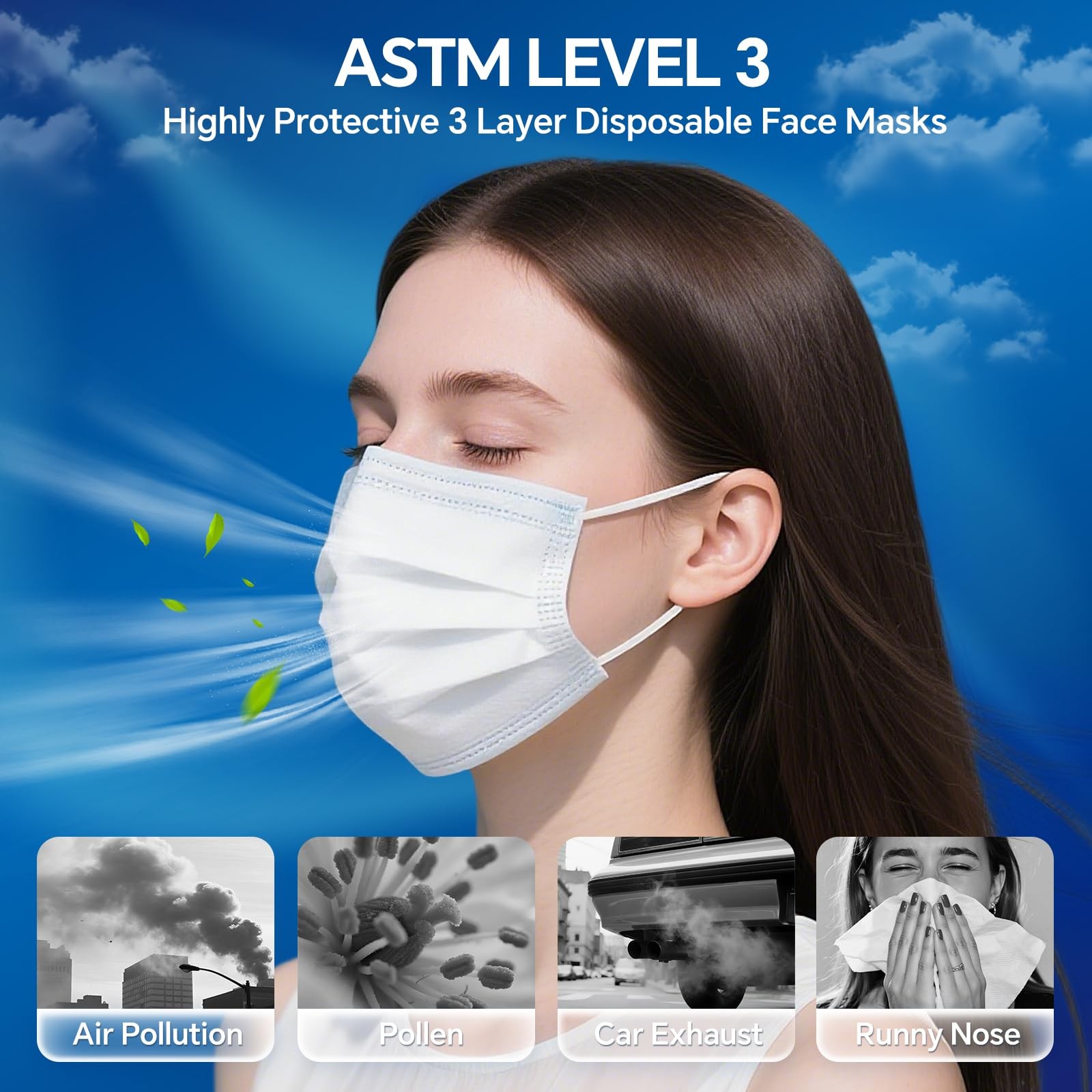 ASTM Level 3 Face Mask, 50 Pack, individually Wrapped, White Disposable 3-Ply…