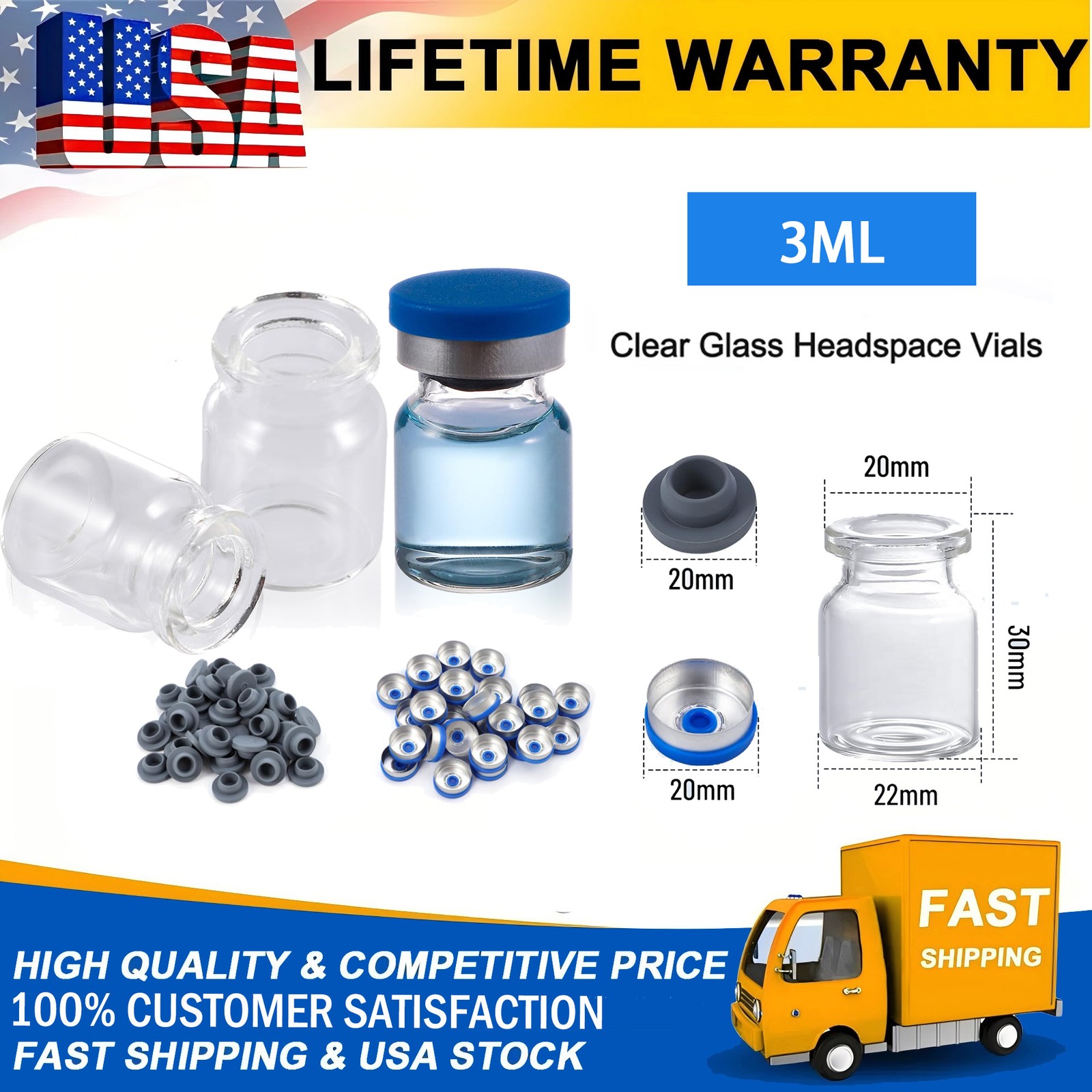 100PCS 3ml Glass Vials Clear Headspace Vials Lab Vial 20mm Crimp top Sample Vial