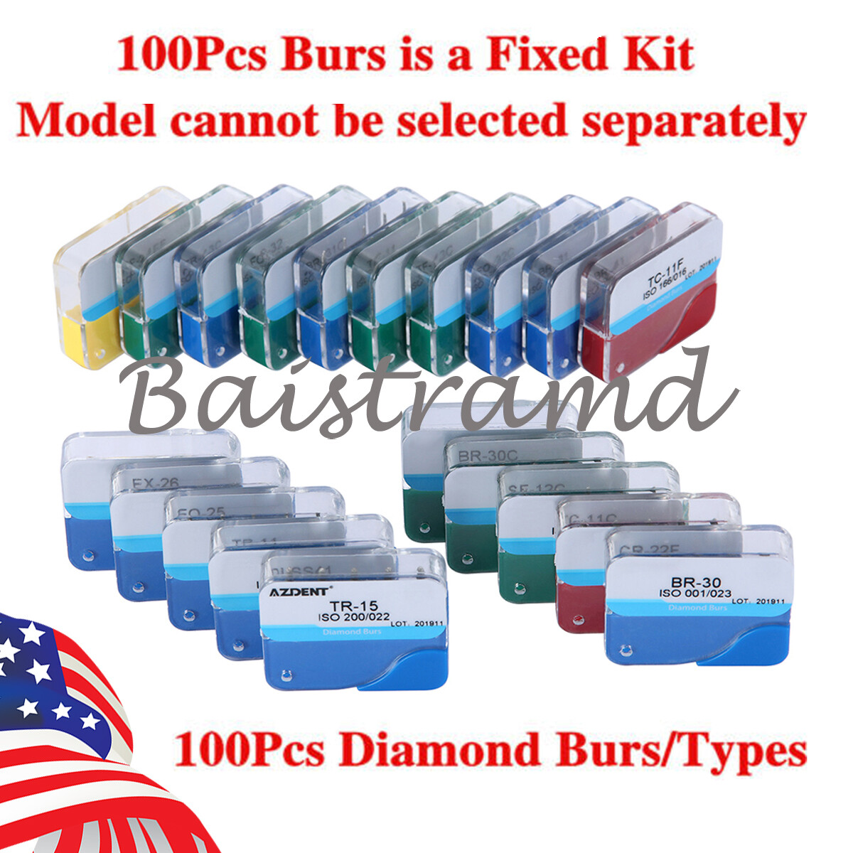 100pcs AZDENT Dental Diamond Burs Drill Medium FG For High Speed Handpiece 1.6mm